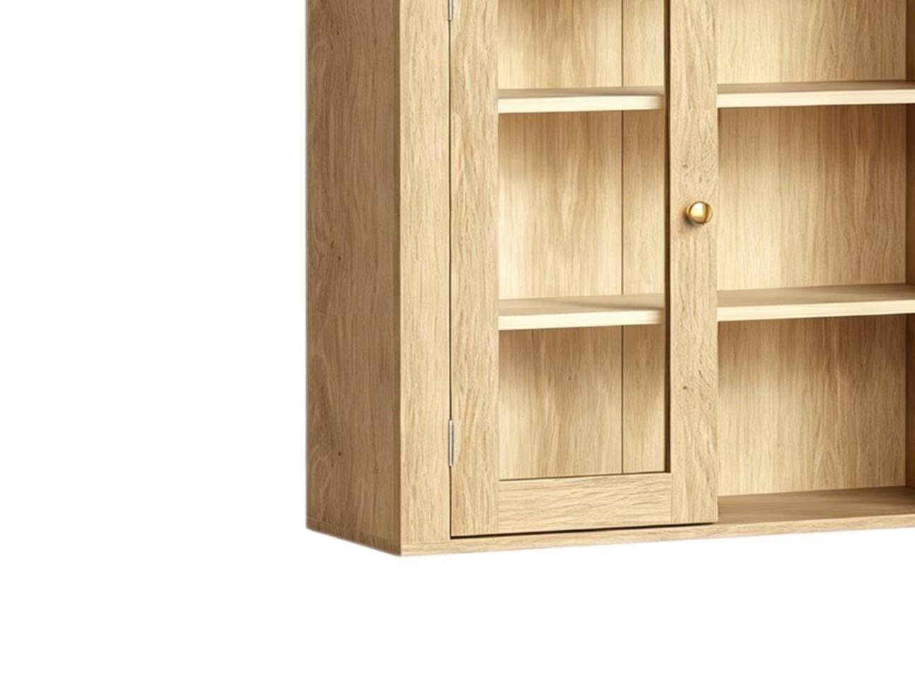 32" Natural Wood Wall Mounted Glass Panel Inlay Four Door Bathroom Cabinet