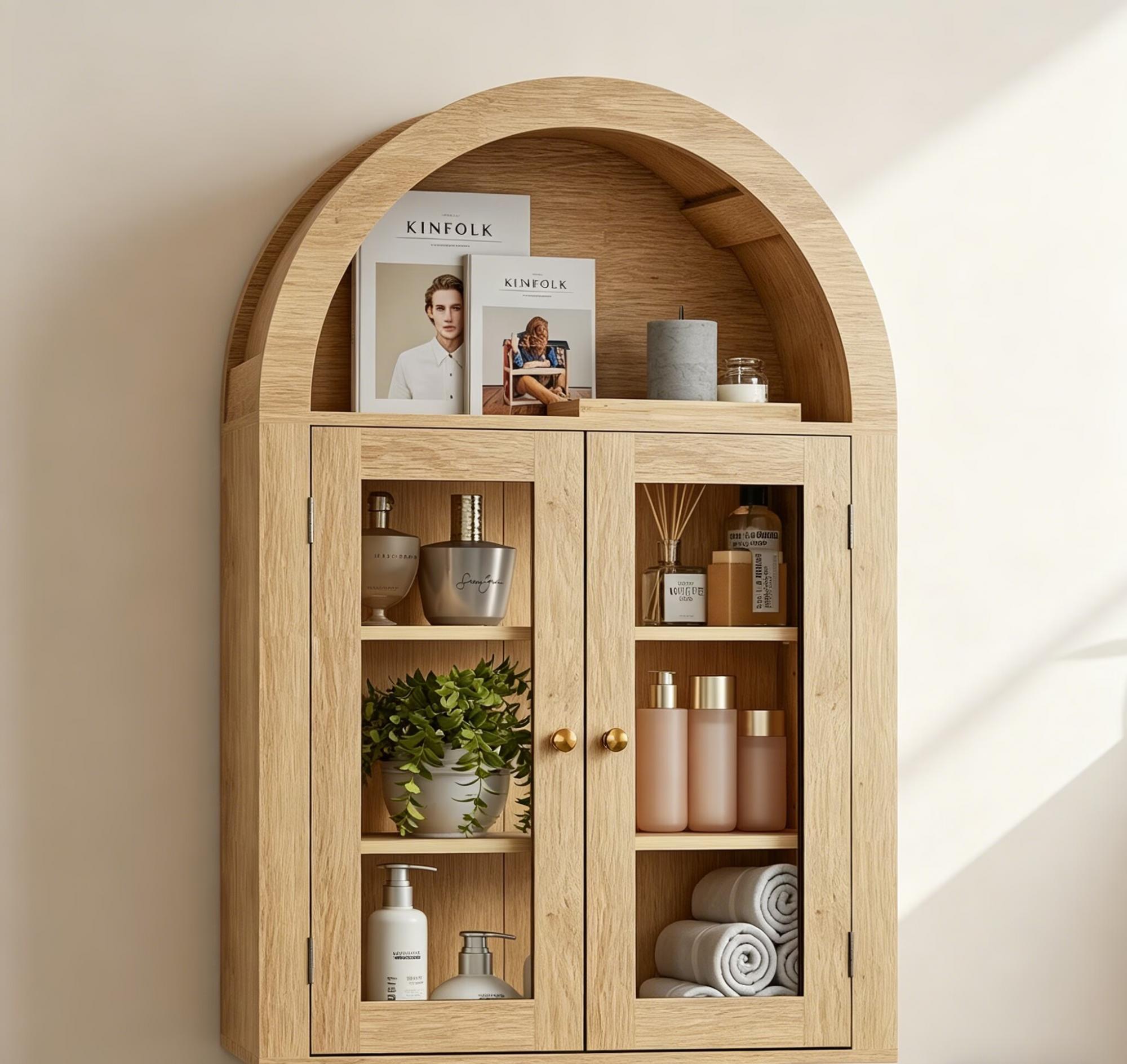 32" Natural Wood Wall Mounted Glass Panel Inlay Four Door Bathroom Cabinet