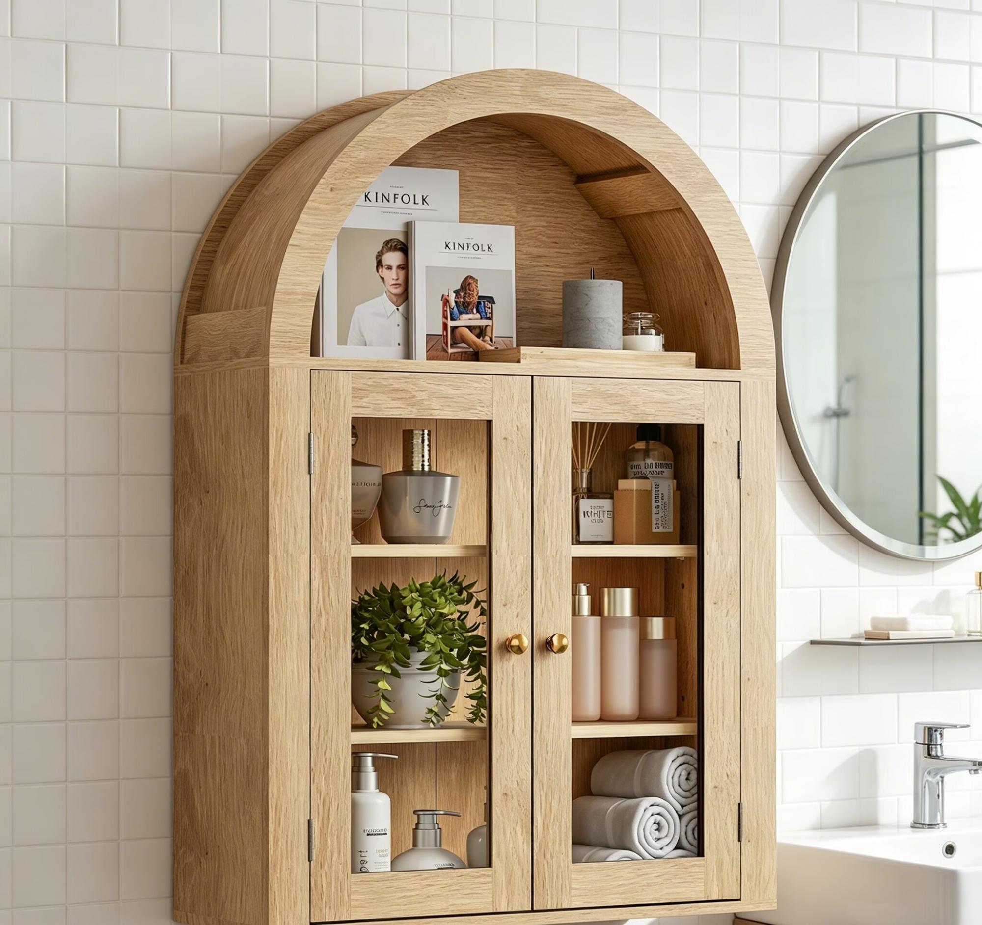 32" Natural Wood Wall Mounted Glass Panel Inlay Four Door Bathroom Cabinet