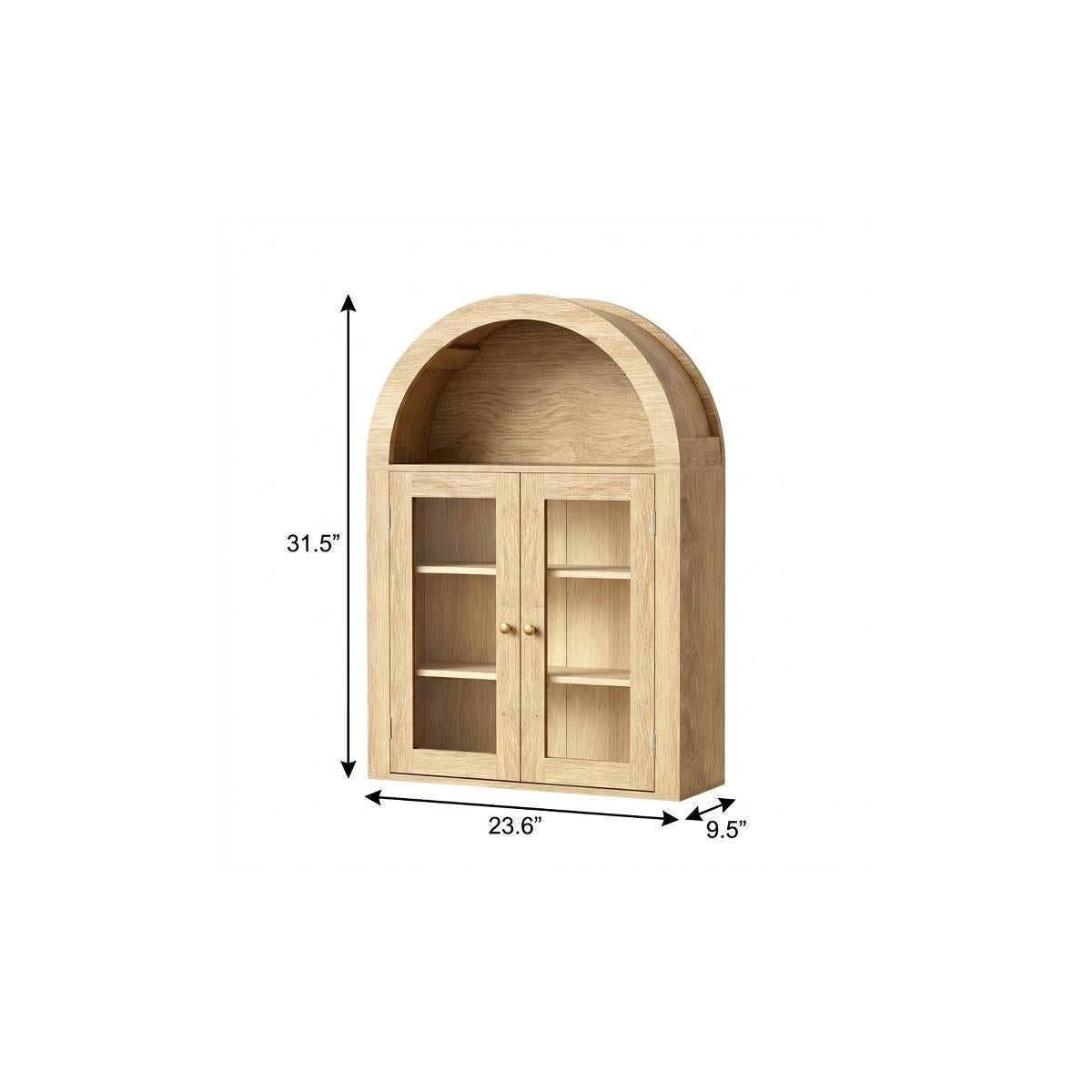 32" Natural Wood Wall Mounted Glass Panel Inlay Four Door Bathroom Cabinet