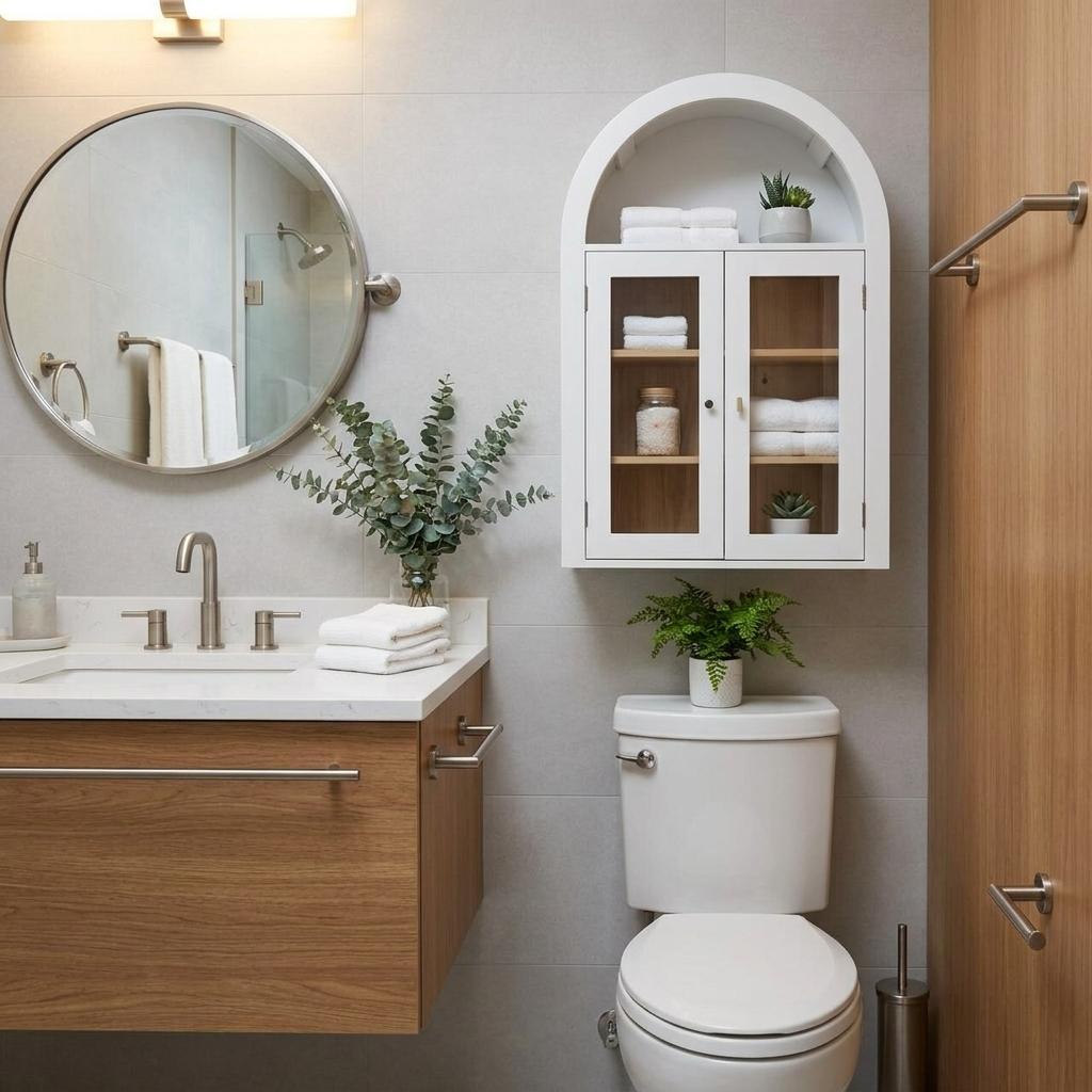 32" White Wood Wall Mounted Glass Panel Inlay Four Door Bathroom Cabinet