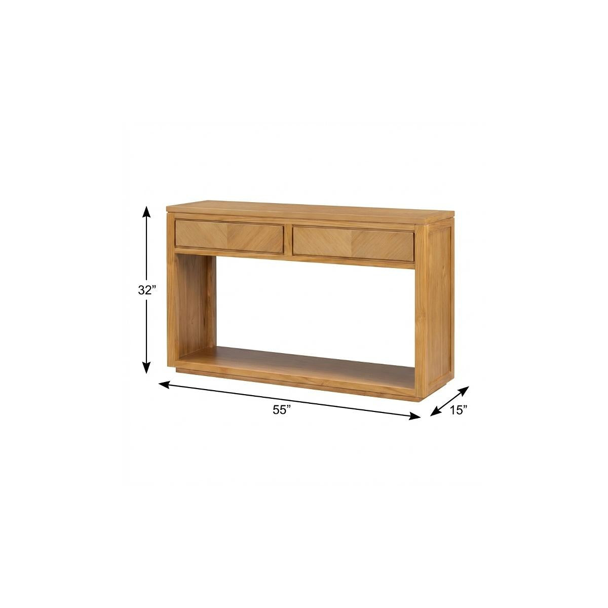 55" Natural Wood Floor Shelf Console Table With Shelf And Two Drawers