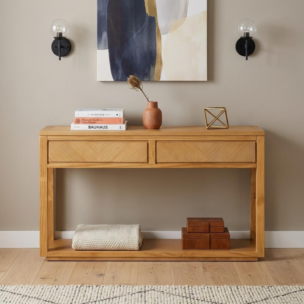 55" Natural Wood Floor Shelf Console Table With Shelf And Two Drawers