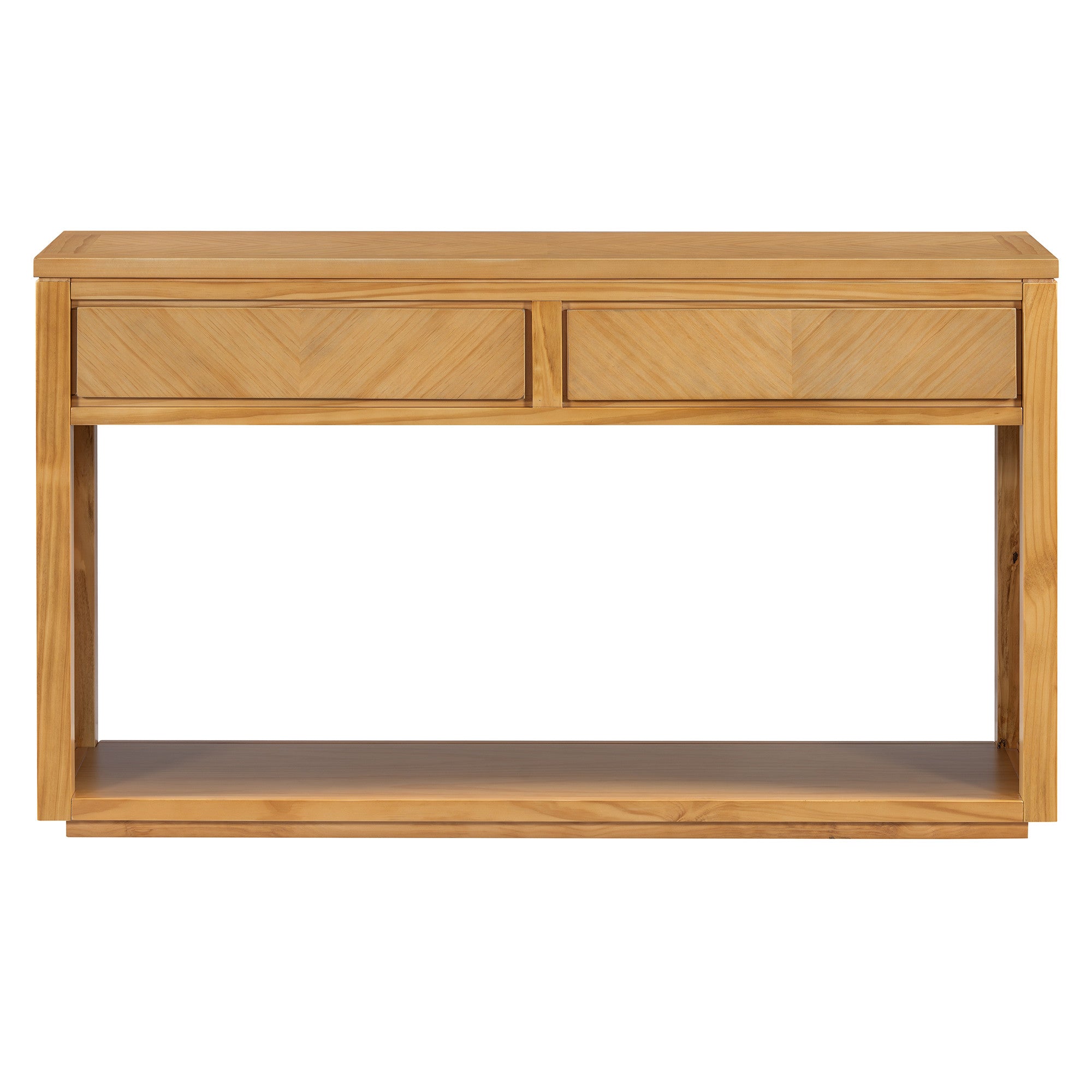 55" Natural Wood Floor Shelf Console Table With Shelf And Two Drawers