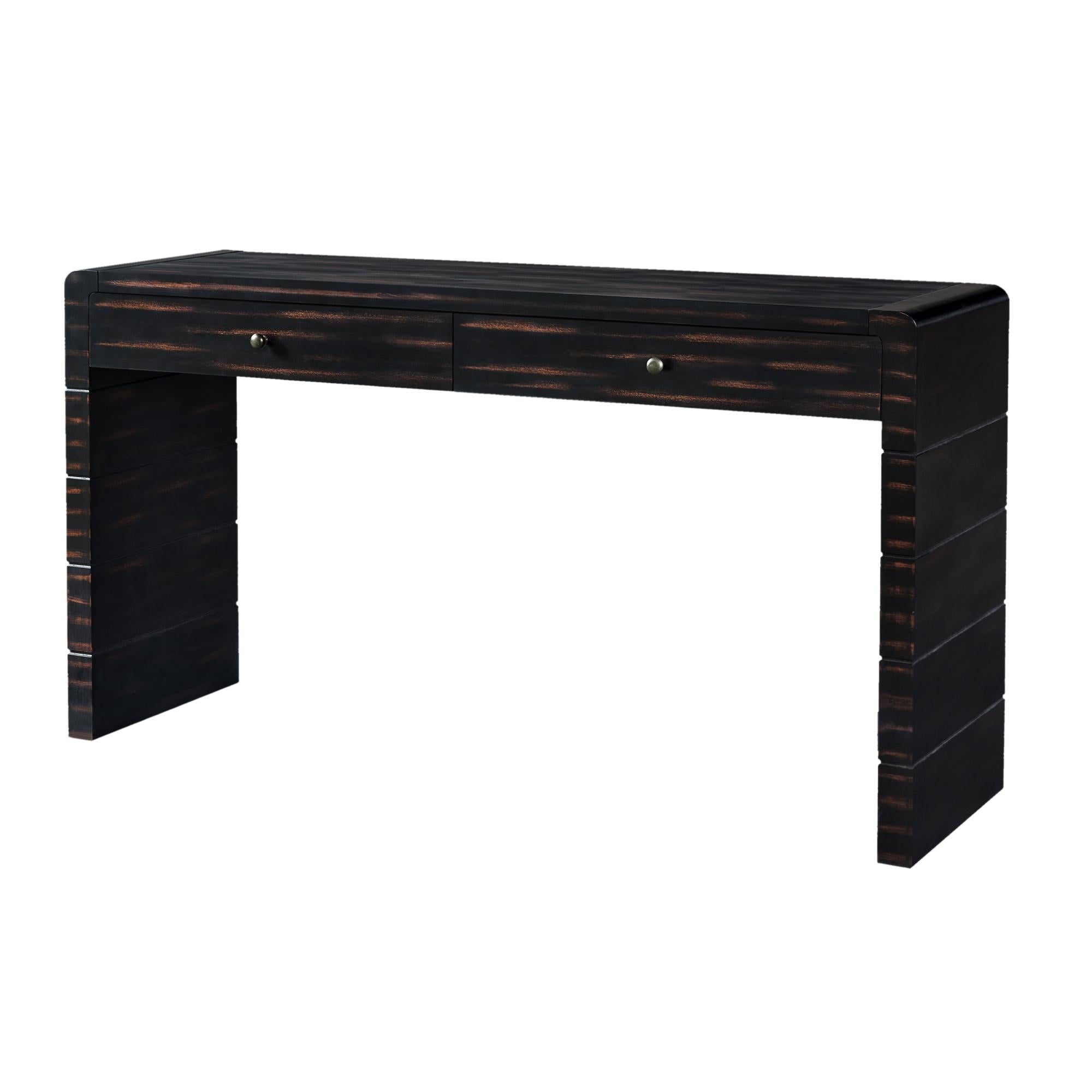 55" Black Wood Distressed Double Pedestal Console Table With Two Drawers