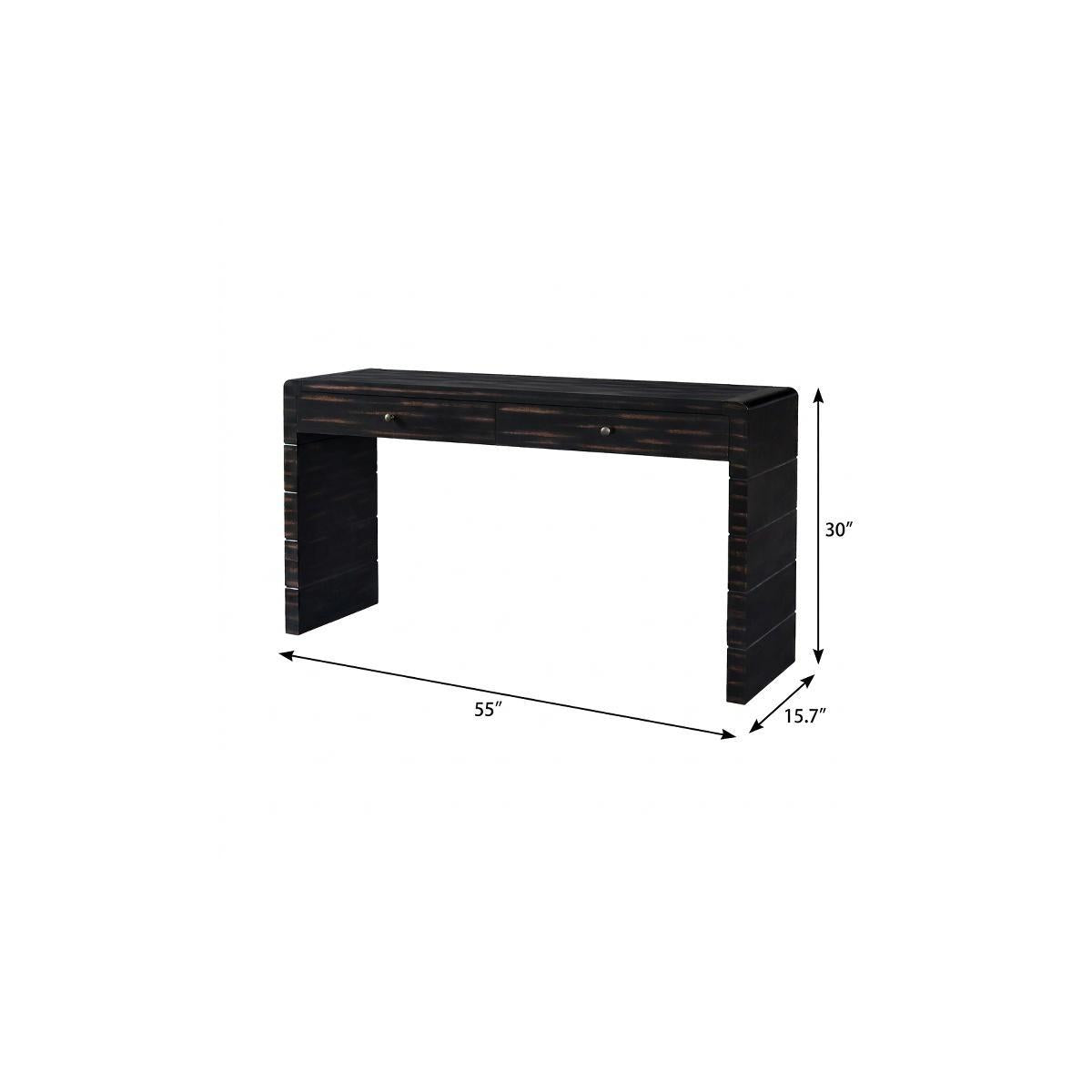 55" Black Wood Distressed Double Pedestal Console Table With Two Drawers