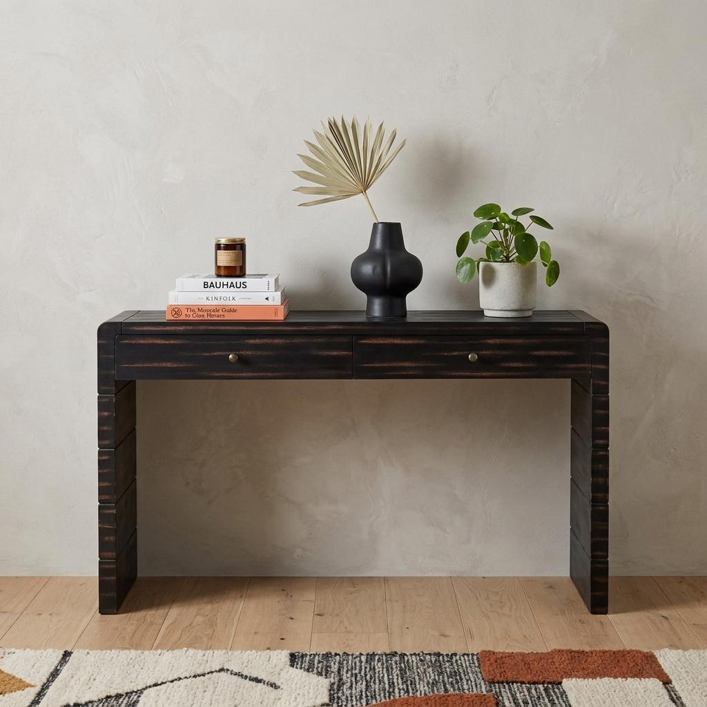 55" Black Wood Distressed Double Pedestal Console Table With Two Drawers