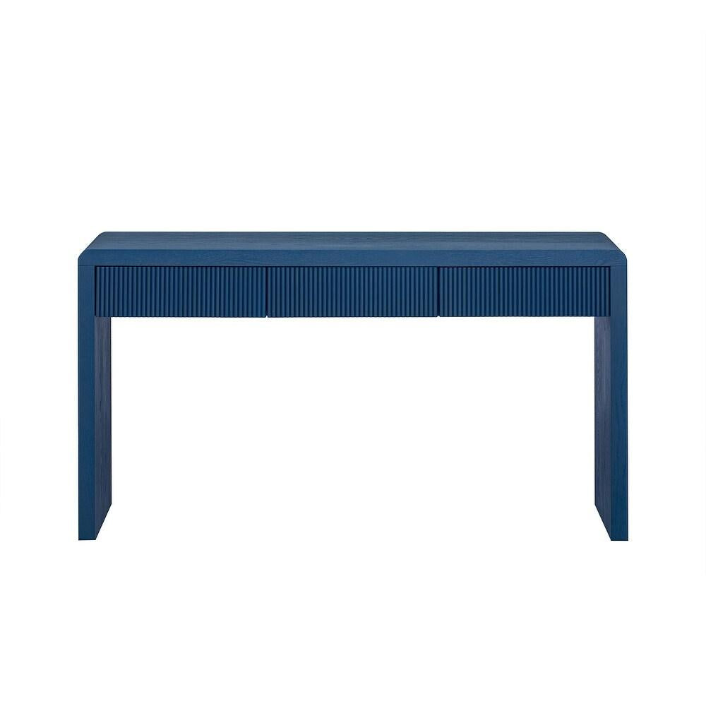 55" Blue Wood Double Pedestal Console Table With Three Drawers