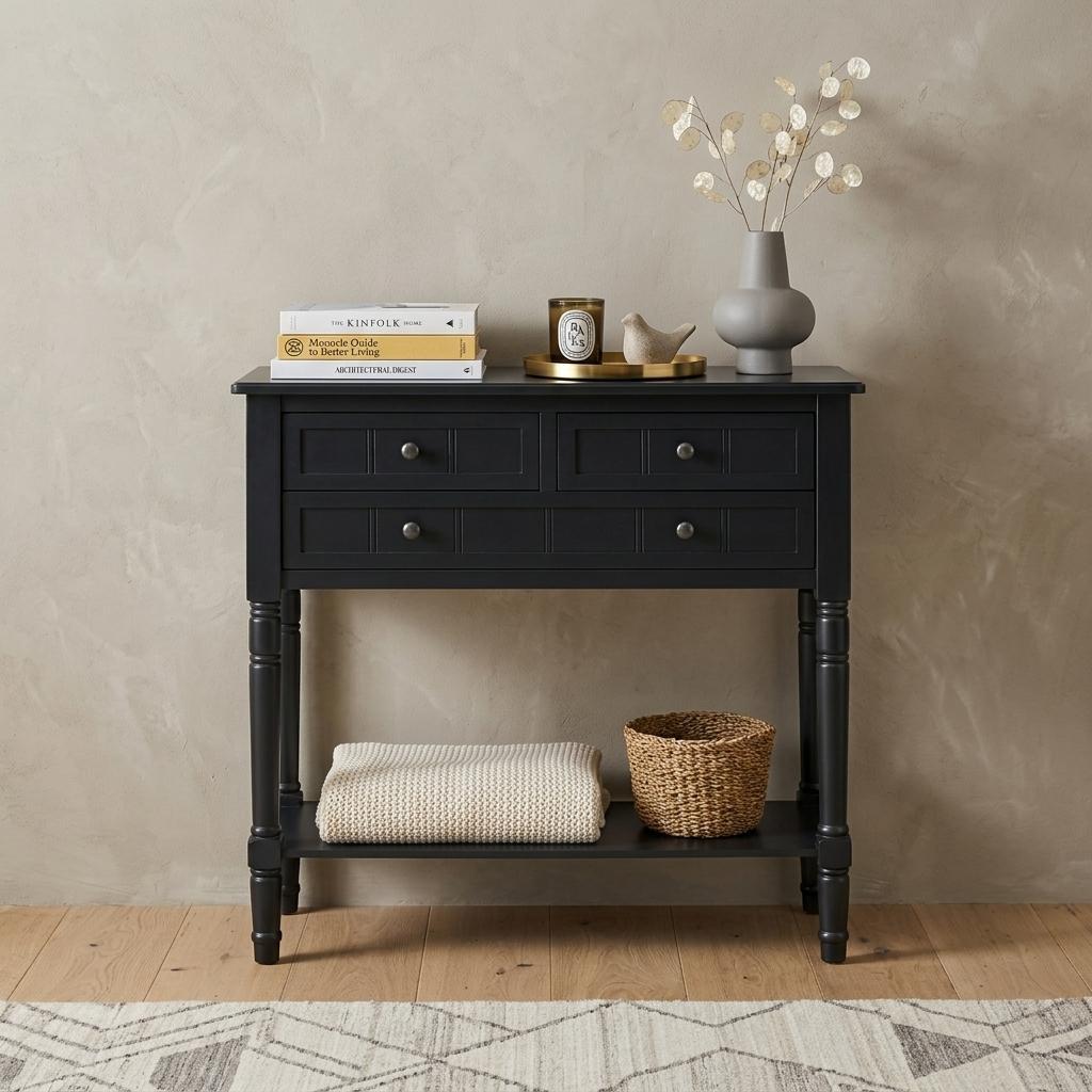 24" Black Solid Wood Console Table With Shelf And Three Drawers