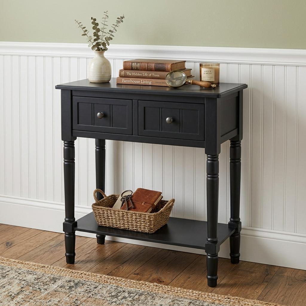 24" Black Solid Wood Console Table With Shelf And Three Drawers