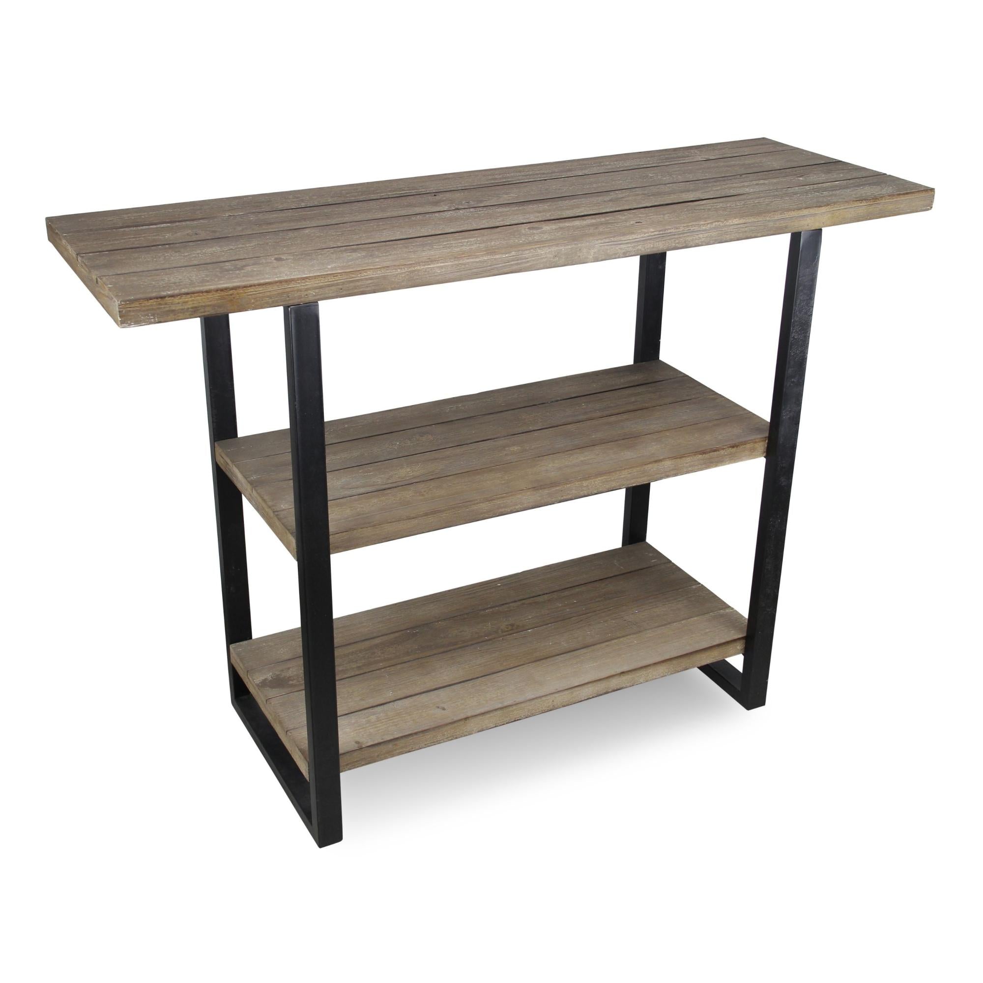 47" Brown and Black Wood and Metal Distressed Console Table With Two Shelves