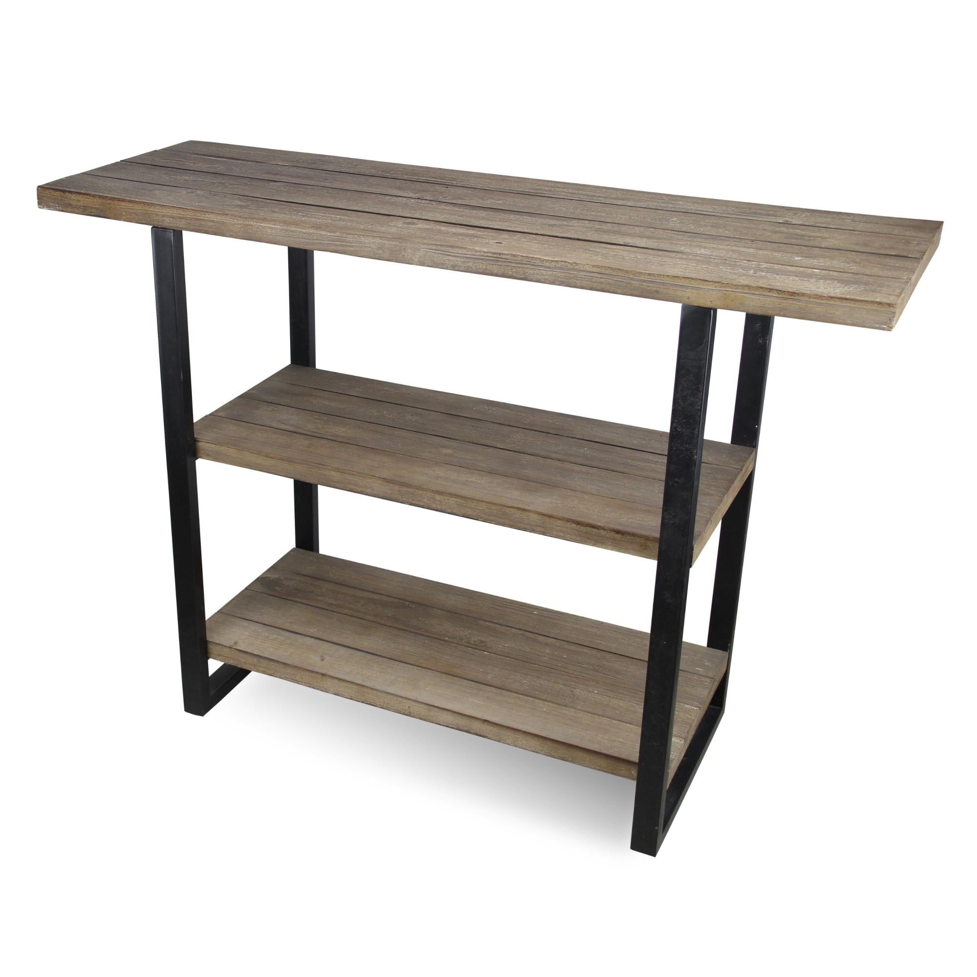 47" Brown and Black Wood and Metal Distressed Console Table With Two Shelves