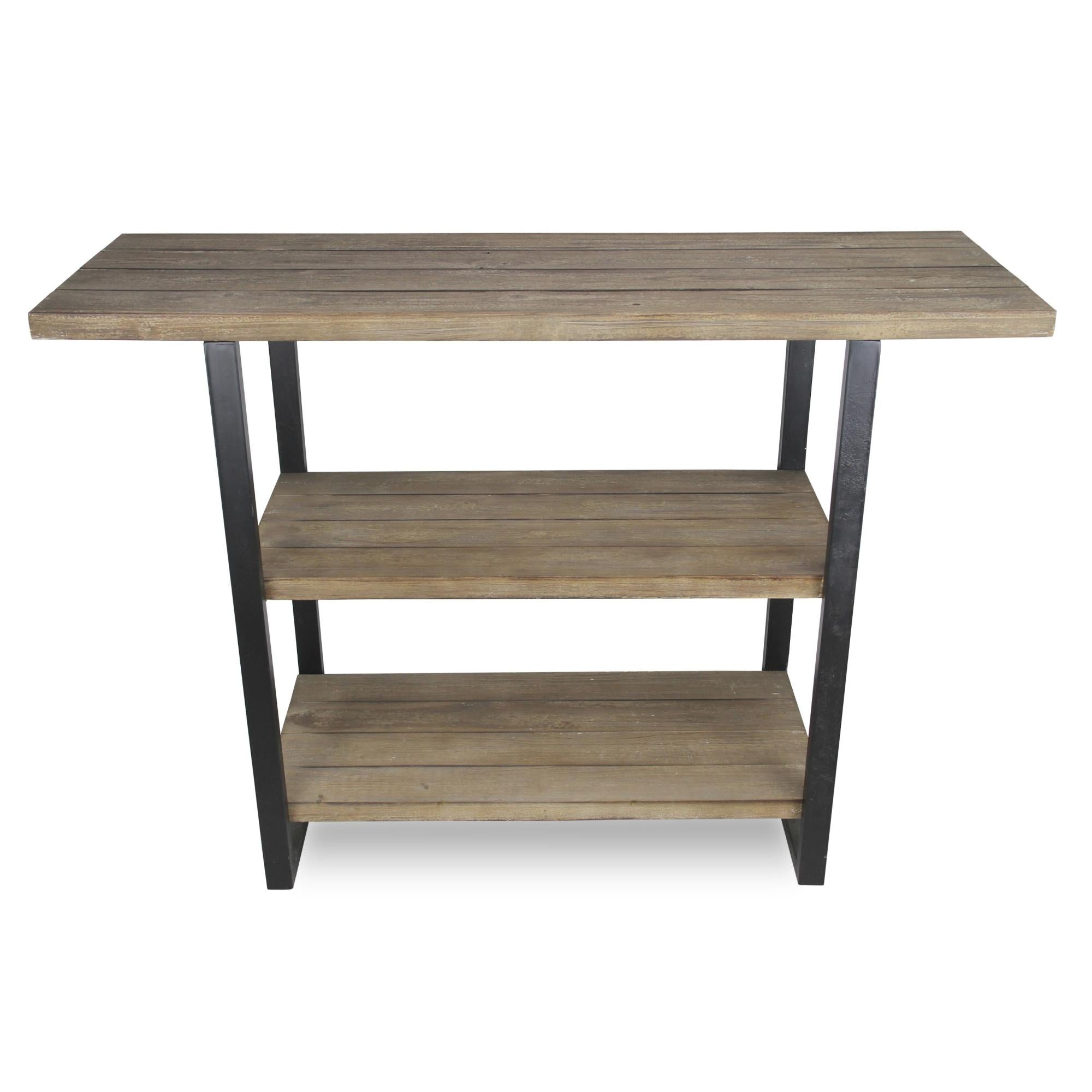 47" Brown and Black Wood and Metal Distressed Console Table With Two Shelves