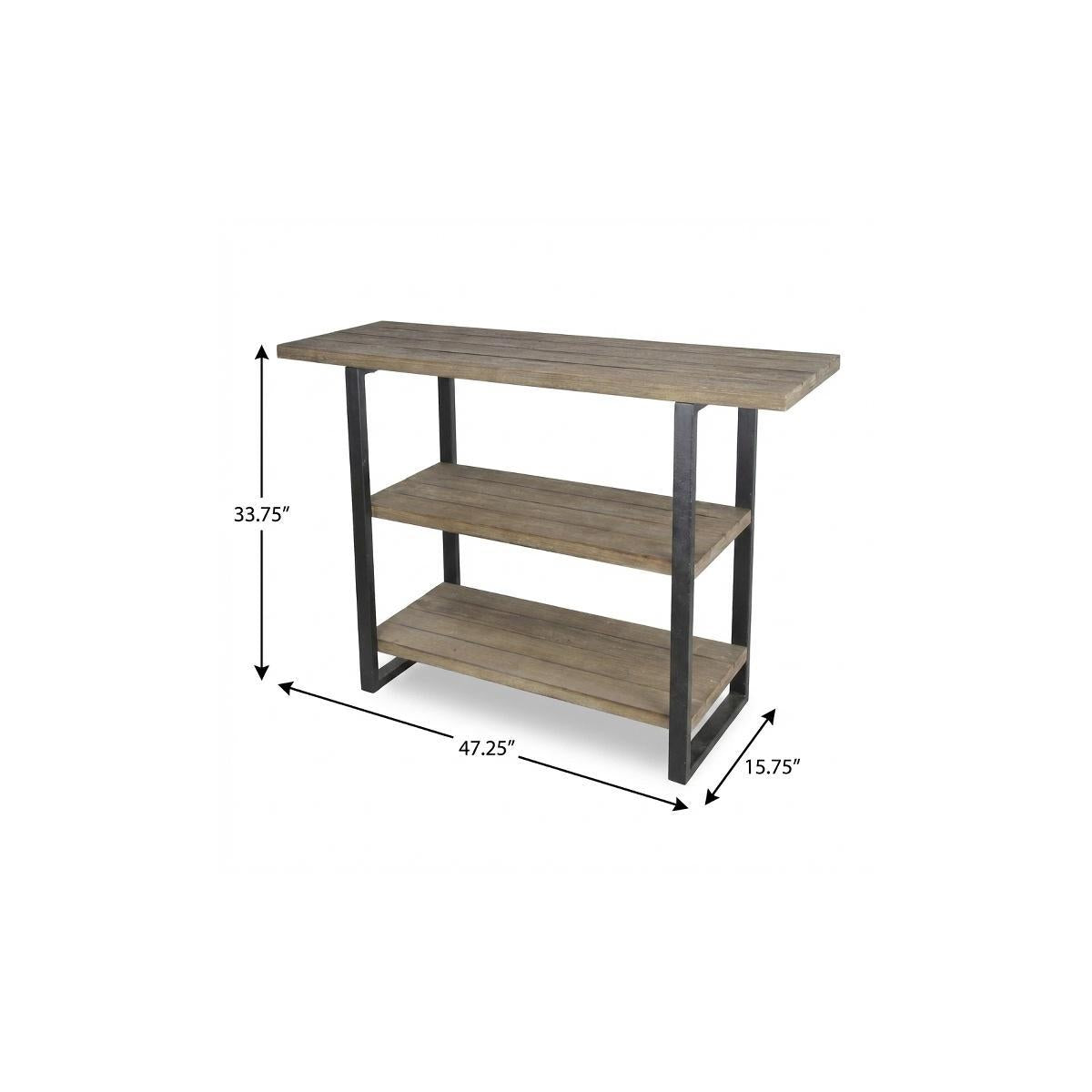 47" Brown and Black Wood and Metal Distressed Console Table With Two Shelves