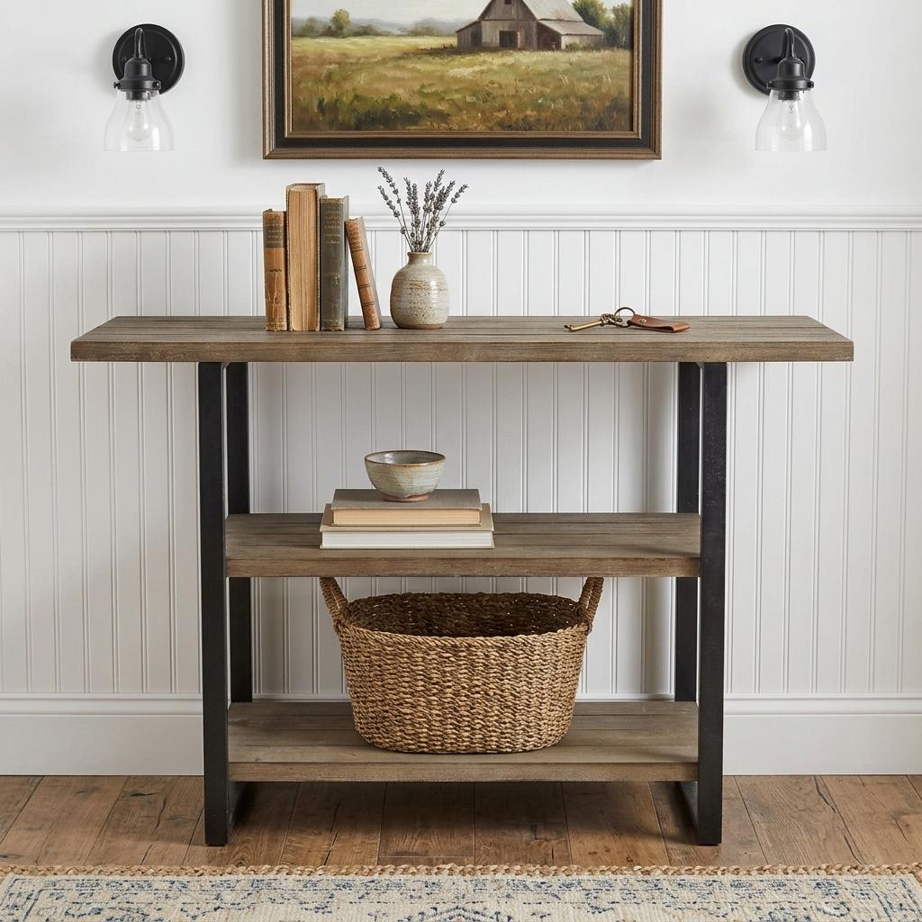 47" Brown and Black Wood and Metal Distressed Console Table With Two Shelves