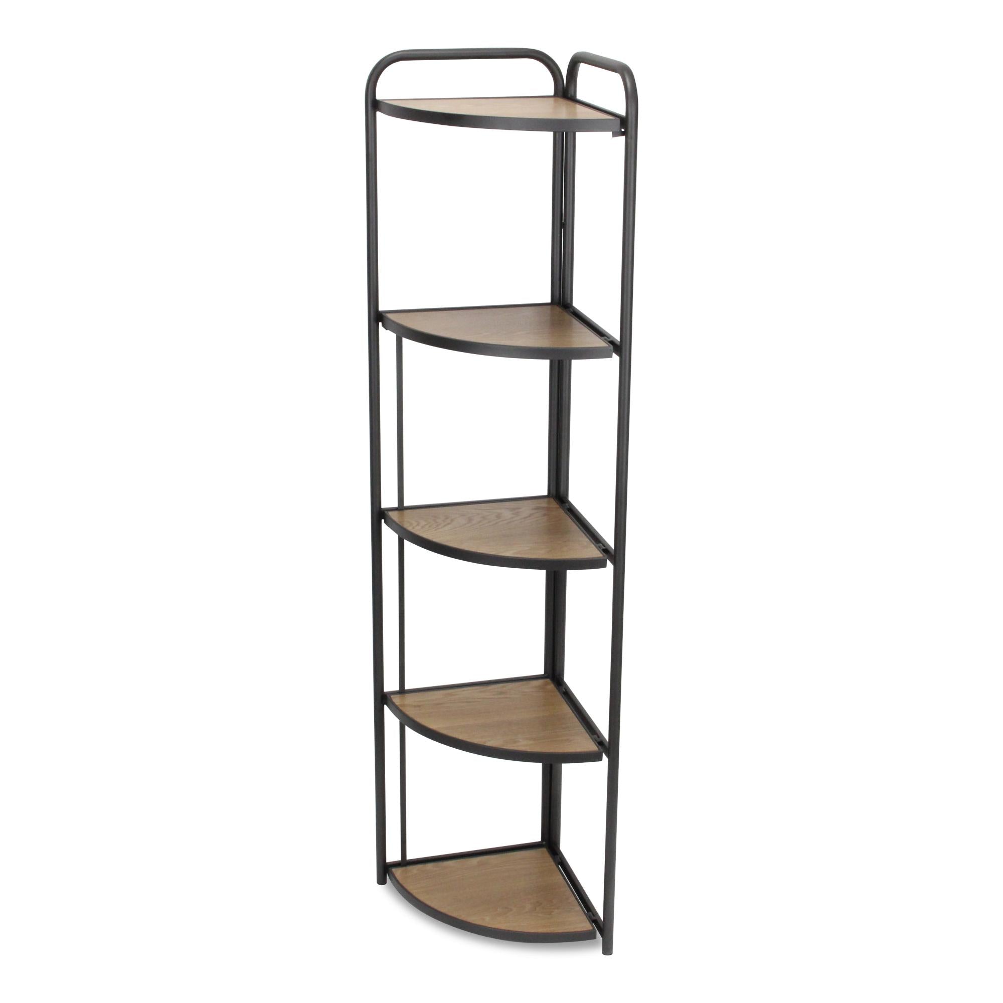 62" Black And Brown Metal and Wood Five Tier Corner Bookcase