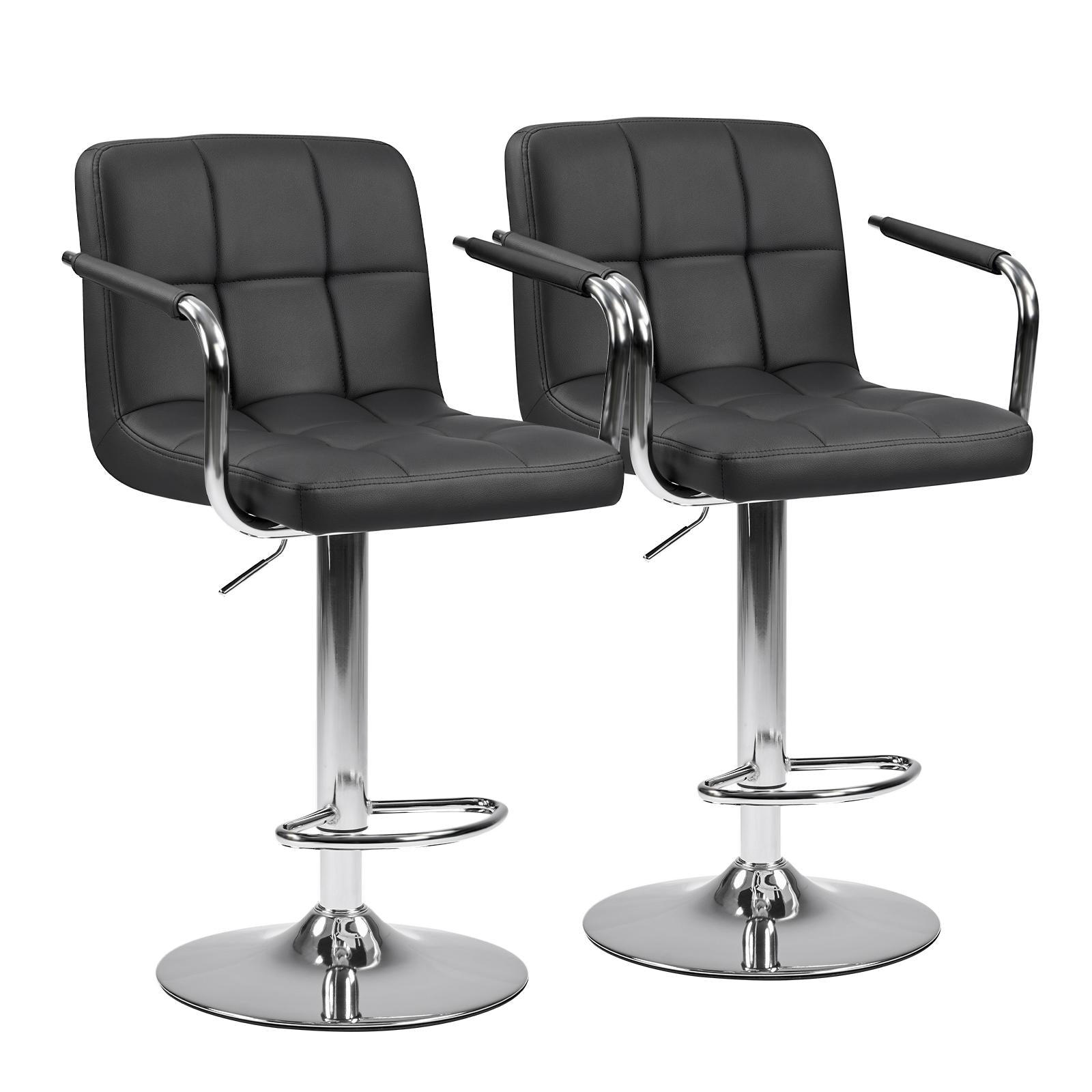 Set of Two Black and Silver Faux Leather and Aluminum Adjustable Height Swivel Bar Chairs