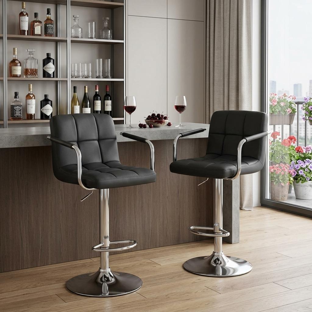Set of Two Black and Silver Faux Leather and Aluminum Adjustable Height Swivel Bar Chairs
