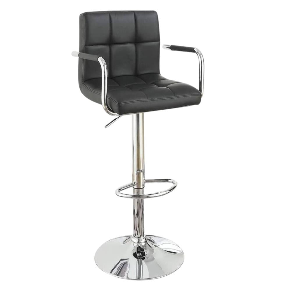 Set of Two Black and Silver Faux Leather and Aluminum Adjustable Height Swivel Bar Chairs
