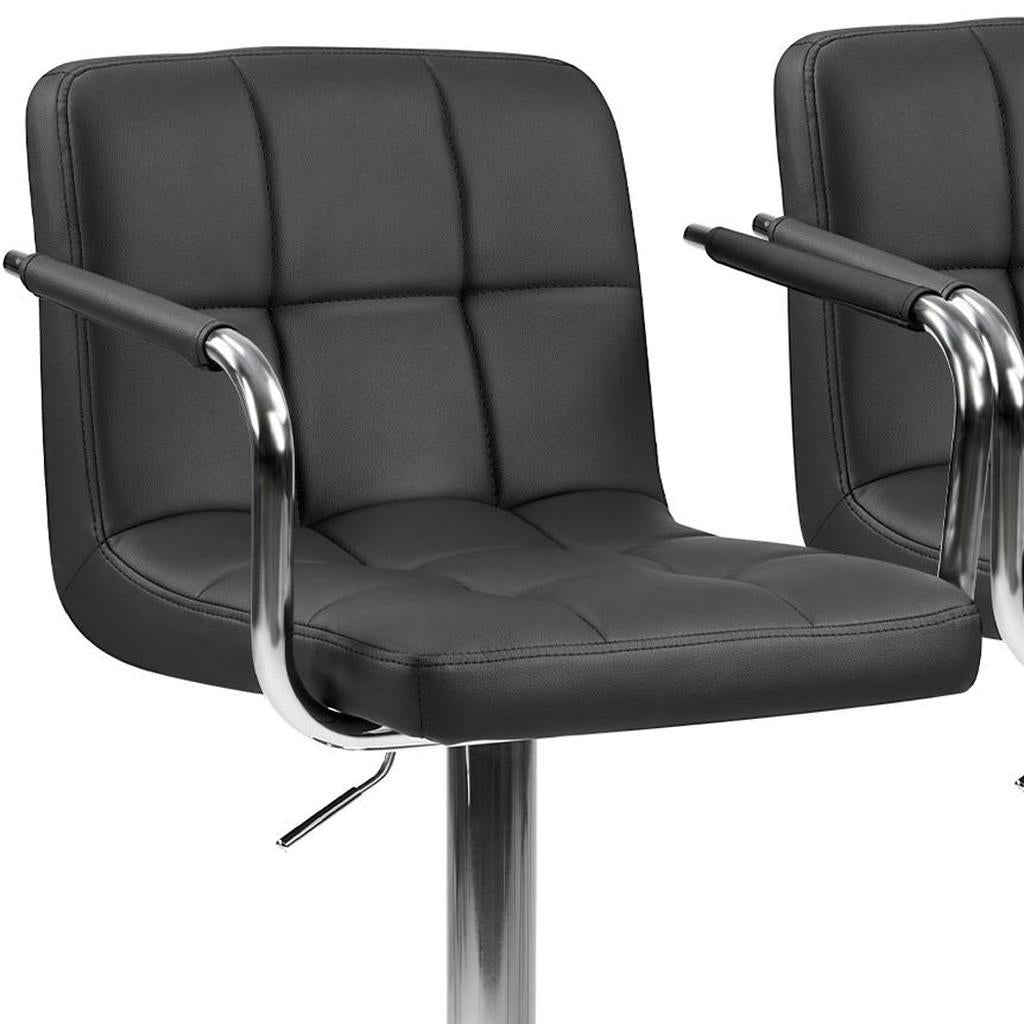 Set of Two Black and Silver Faux Leather and Aluminum Adjustable Height Swivel Bar Chairs