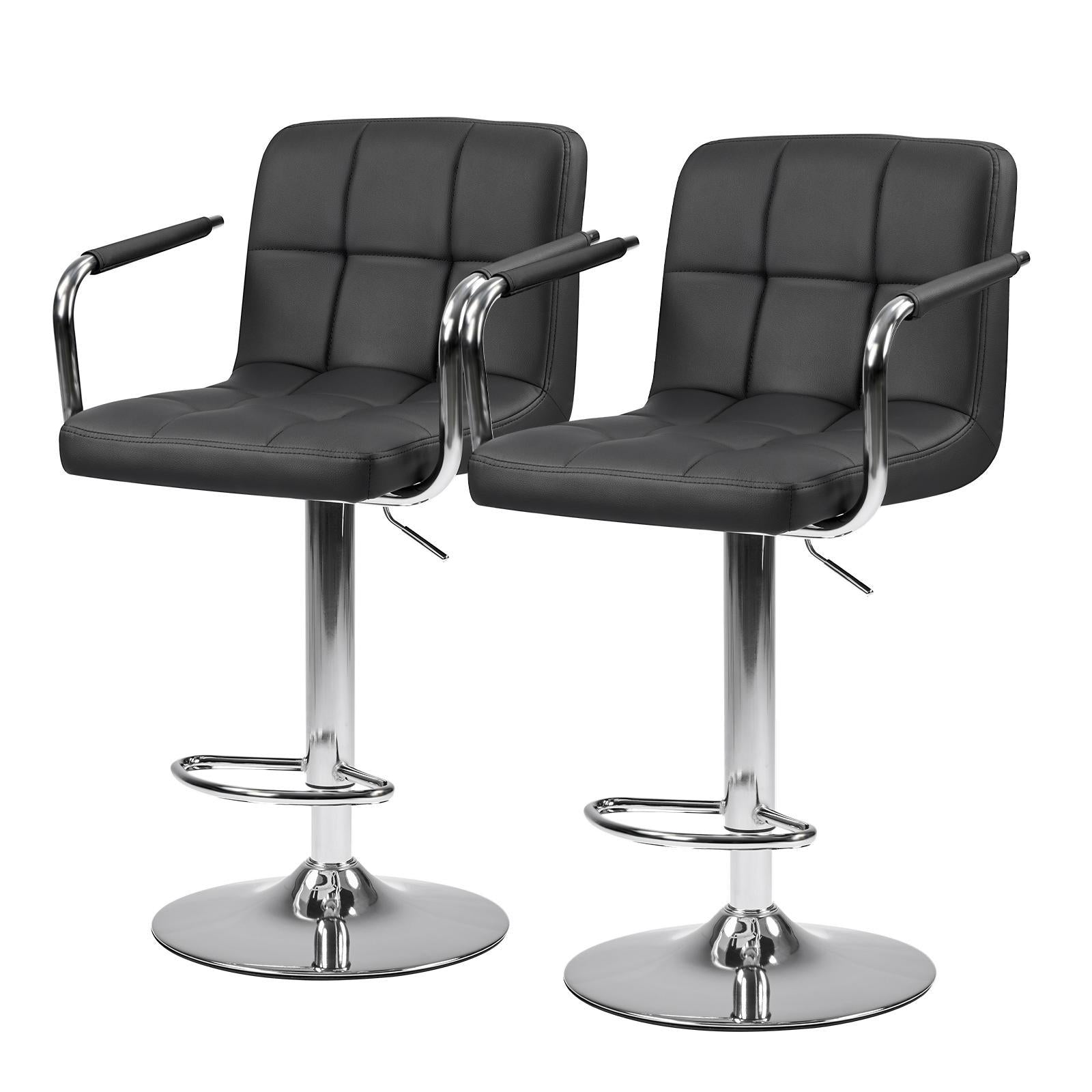 Set of Two Black and Silver Faux Leather and Aluminum Adjustable Height Swivel Bar Chairs