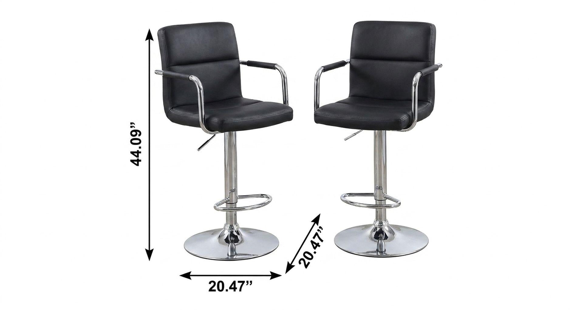 Set of Two Black and Silver Faux Leather and Aluminum Adjustable Height Swivel Bar Chairs