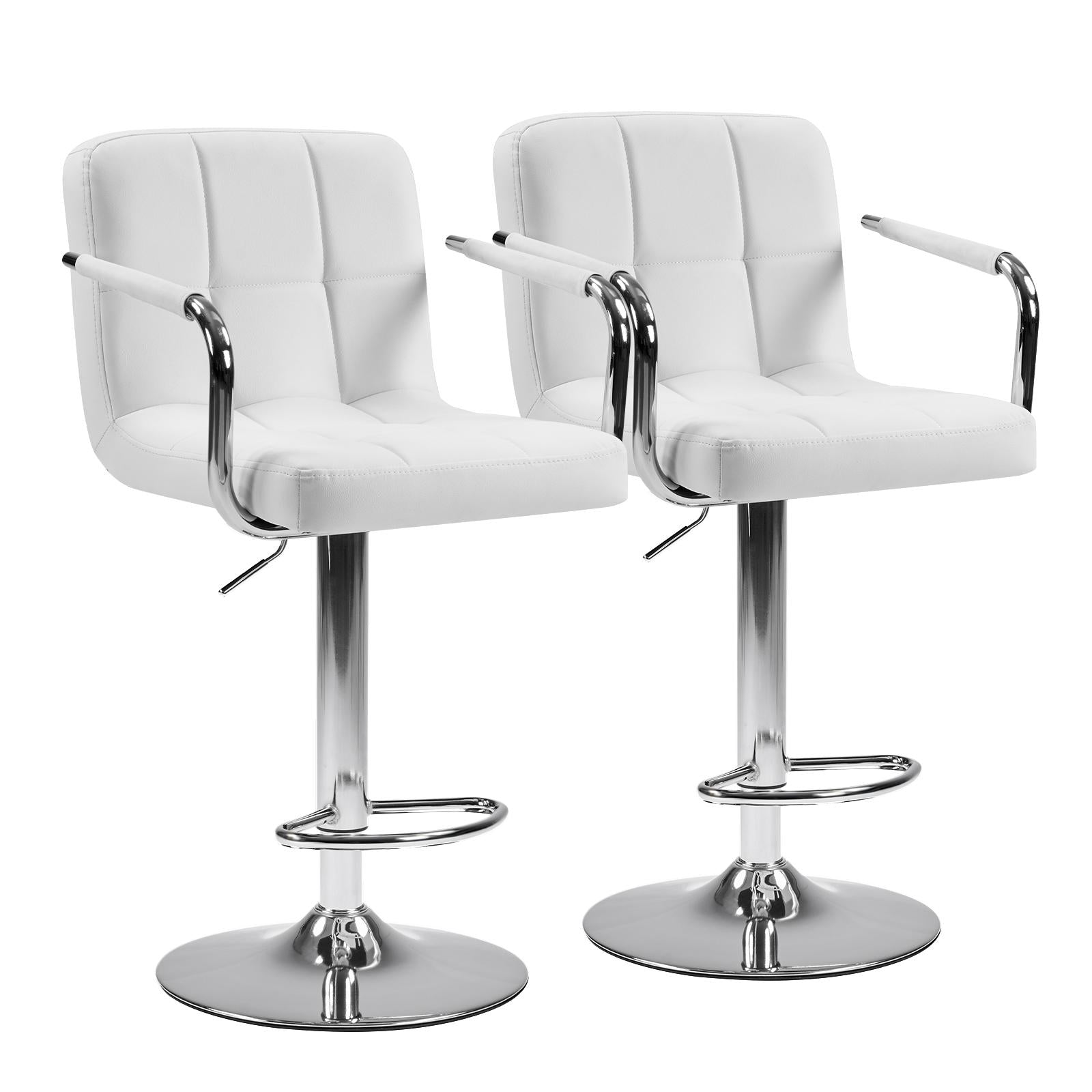 Set of Two White and Silver Faux Leather and Aluminum Adjustable Height Swivel Bar Chairs