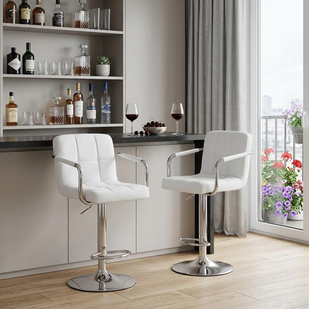 Set of Two White and Silver Faux Leather and Aluminum Adjustable Height Swivel Bar Chairs