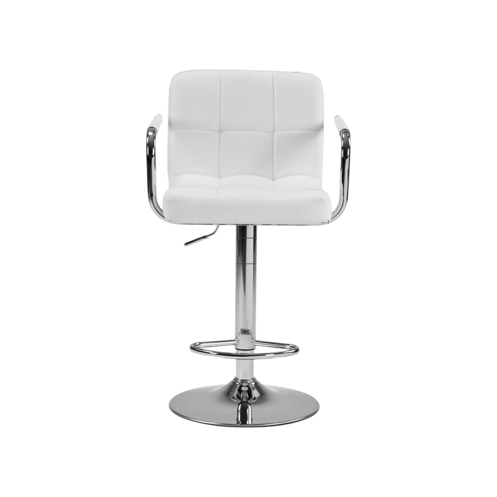 Set of Two White and Silver Faux Leather and Aluminum Adjustable Height Swivel Bar Chairs