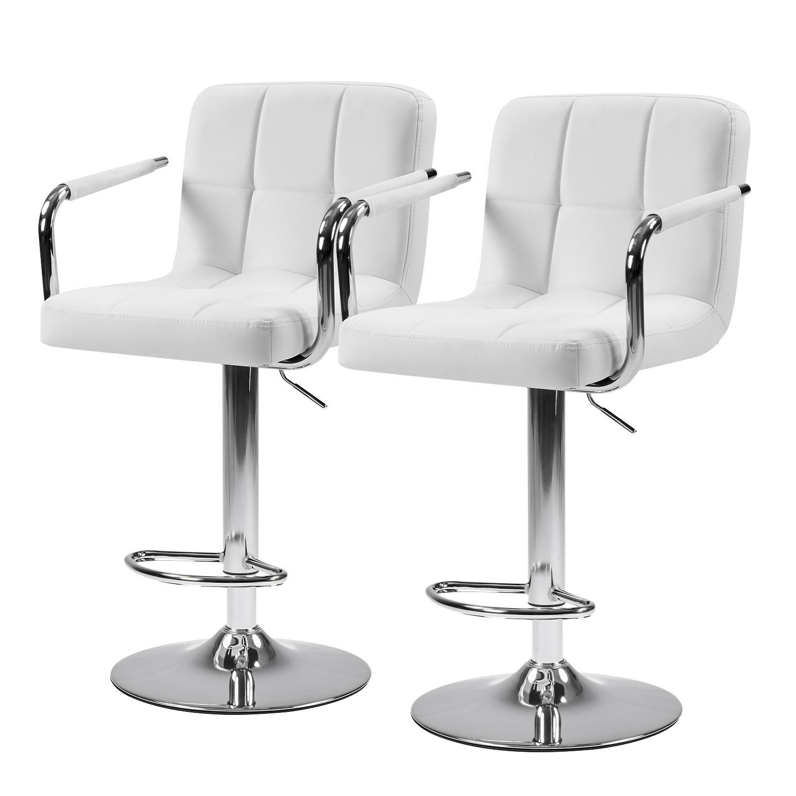 Set of Two White and Silver Faux Leather and Aluminum Adjustable Height Swivel Bar Chairs