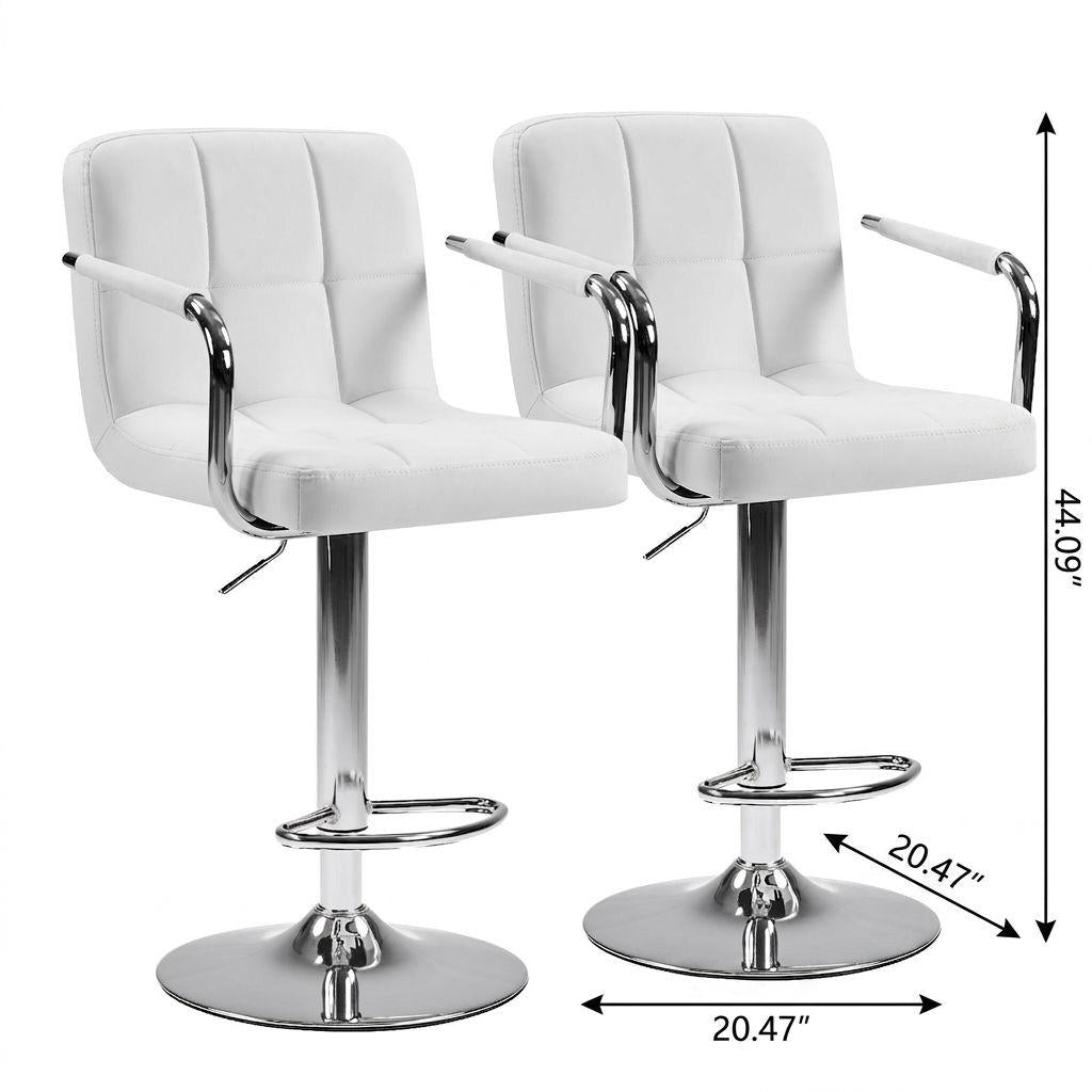 Set of Two White and Silver Faux Leather and Aluminum Adjustable Height Swivel Bar Chairs