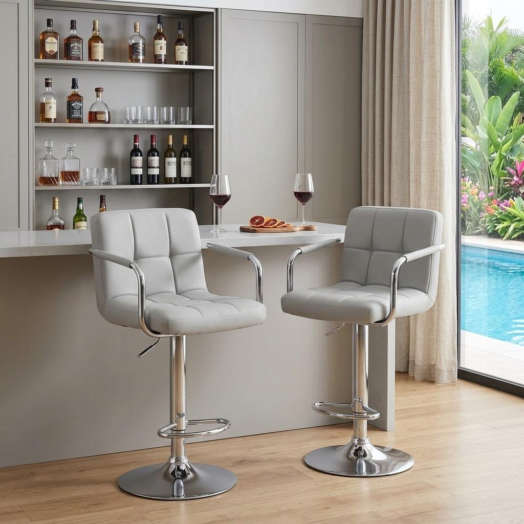 Set of Two Gray and Silver Faux Leather and Aluminum Swivel Bar Chairs