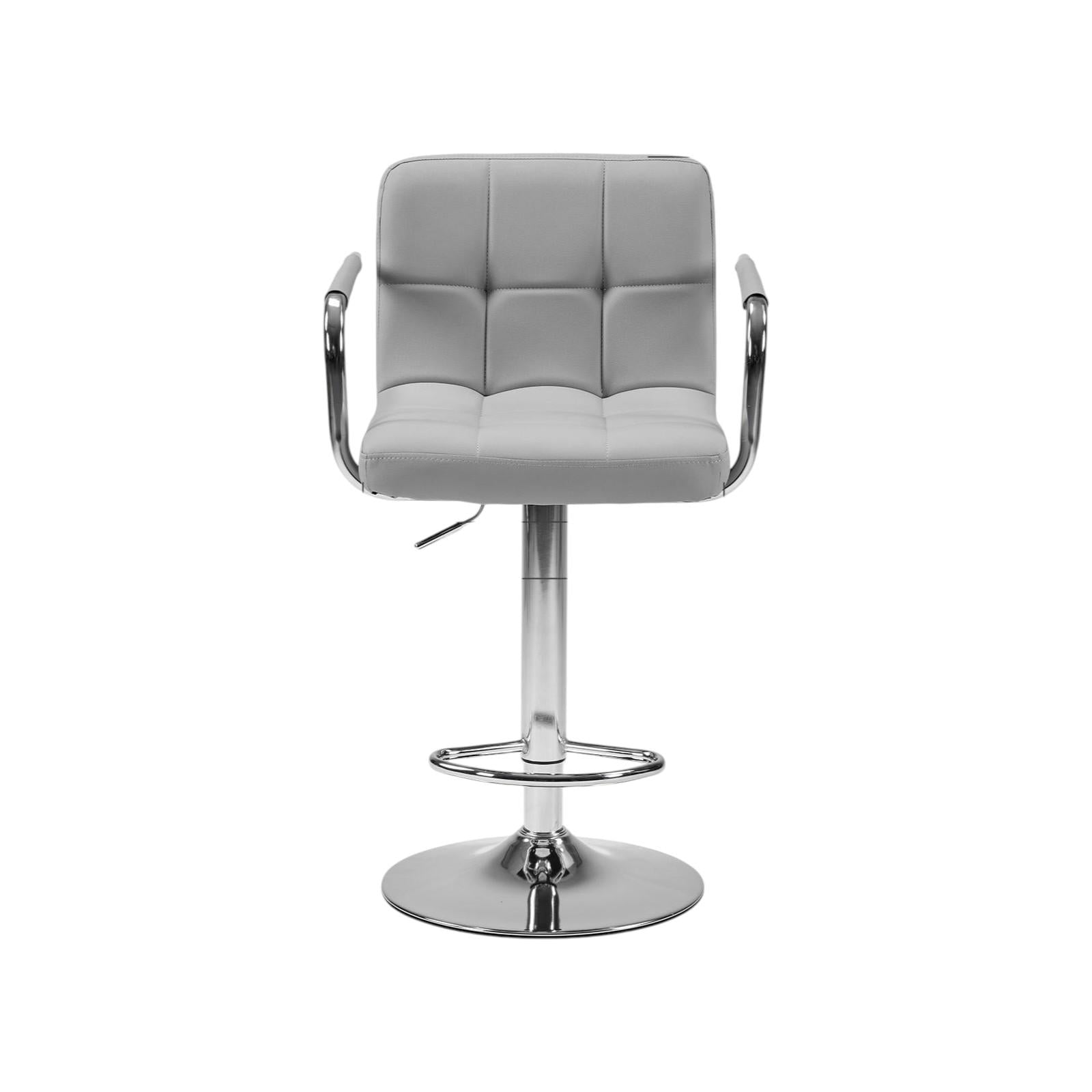 Set of Two Gray and Silver Faux Leather and Aluminum Swivel Bar Chairs