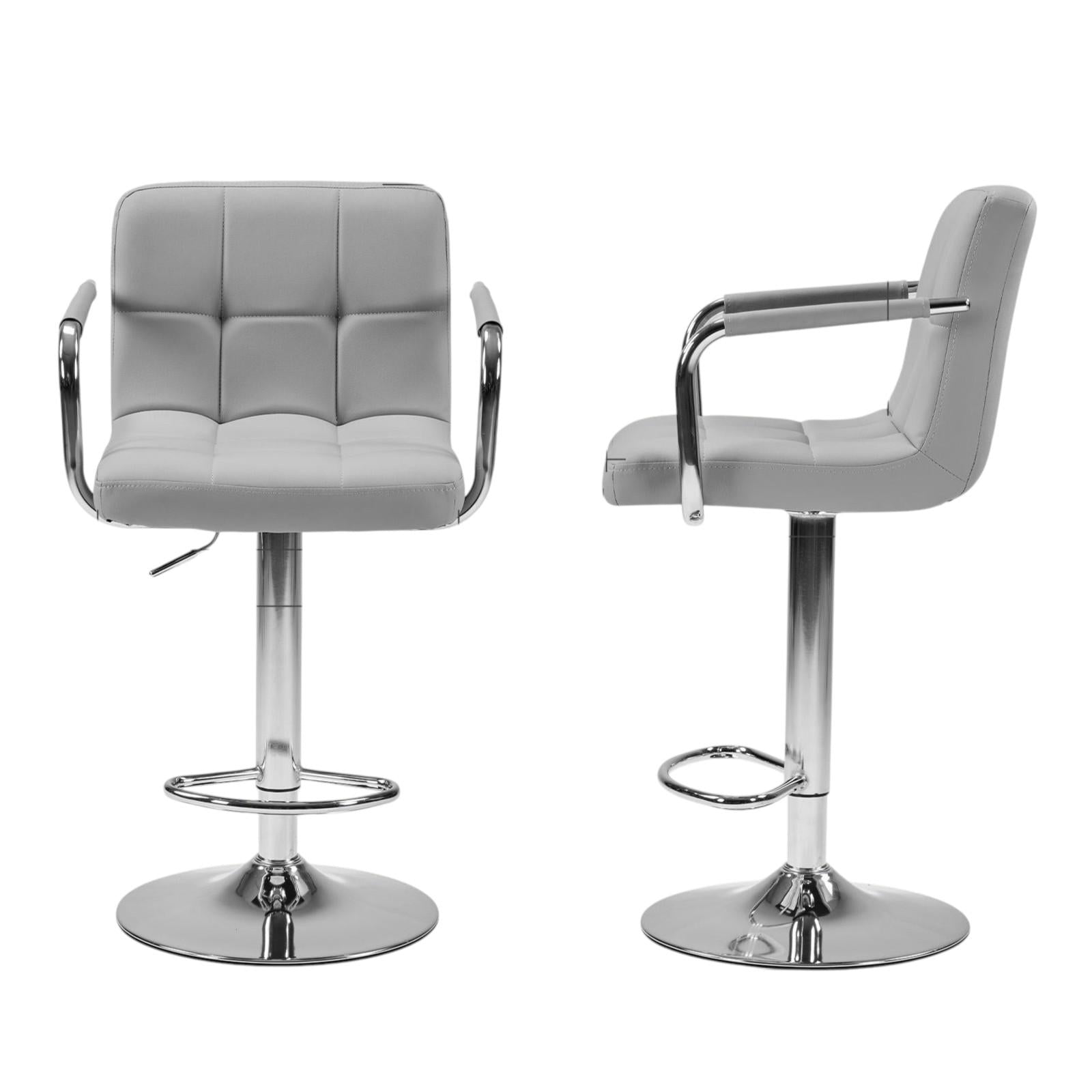Set of Two Gray and Silver Faux Leather and Aluminum Swivel Bar Chairs