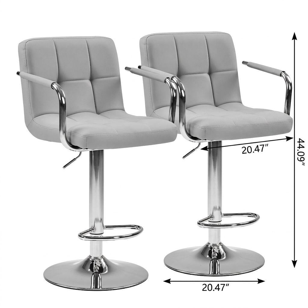 Set of Two Gray and Silver Faux Leather and Aluminum Swivel Bar Chairs