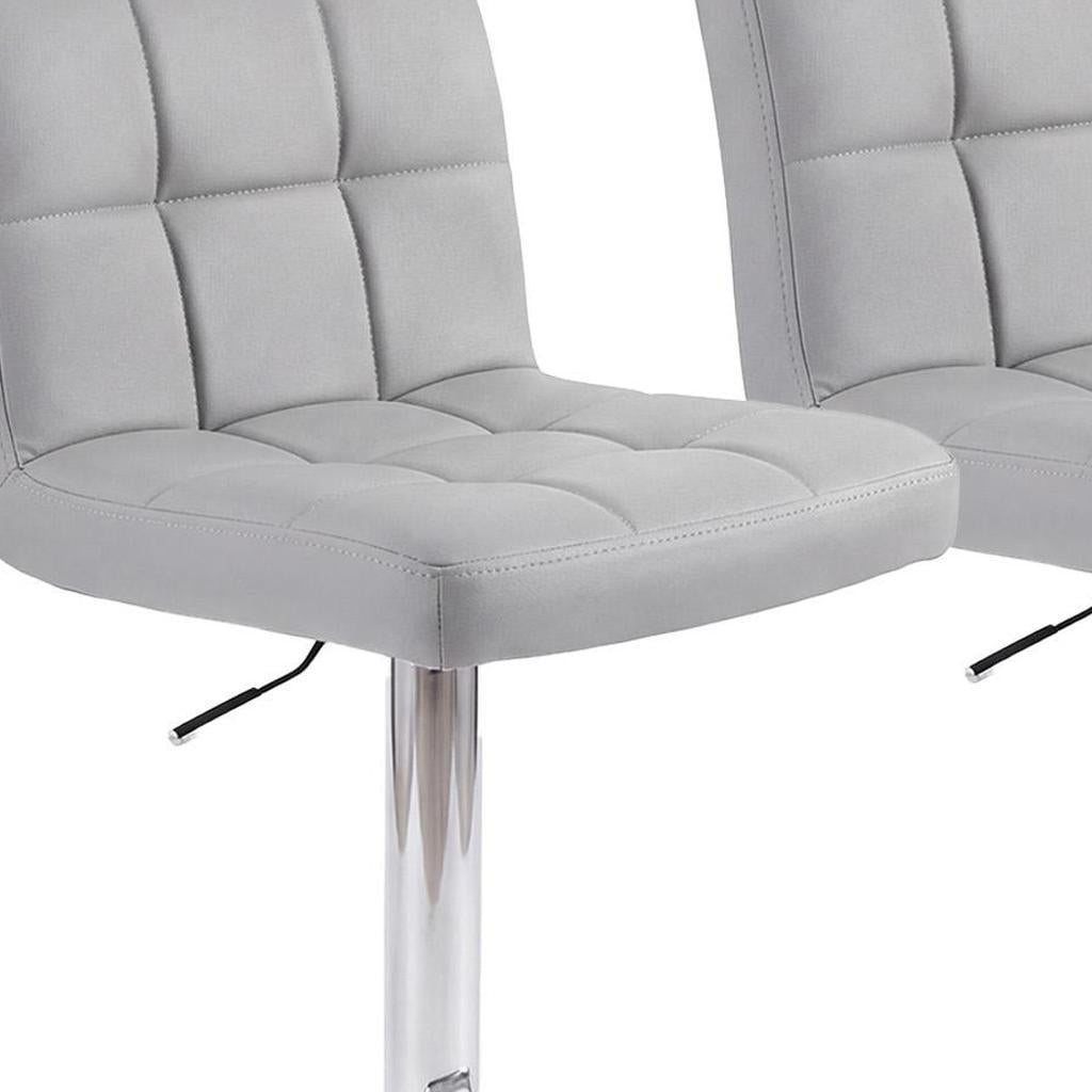 Set of Two Gray and Silver Faux Leather and Steel Adjustable Height Swivel Bar Chairs