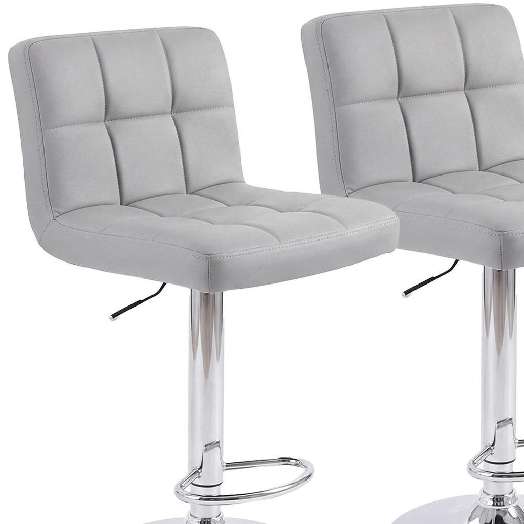 Set of Two Gray and Silver Faux Leather and Steel Adjustable Height Swivel Bar Chairs
