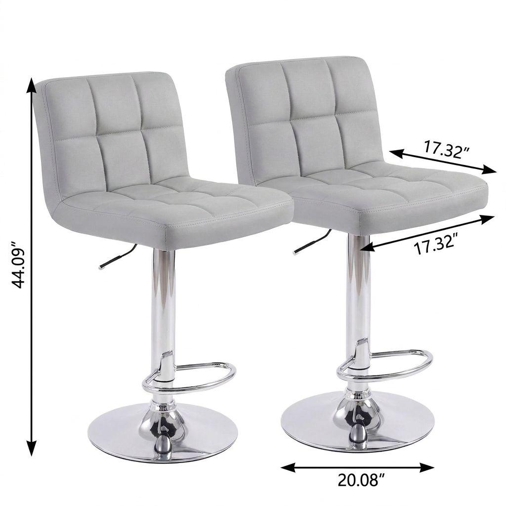 Set of Two Gray and Silver Faux Leather and Steel Adjustable Height Swivel Bar Chairs