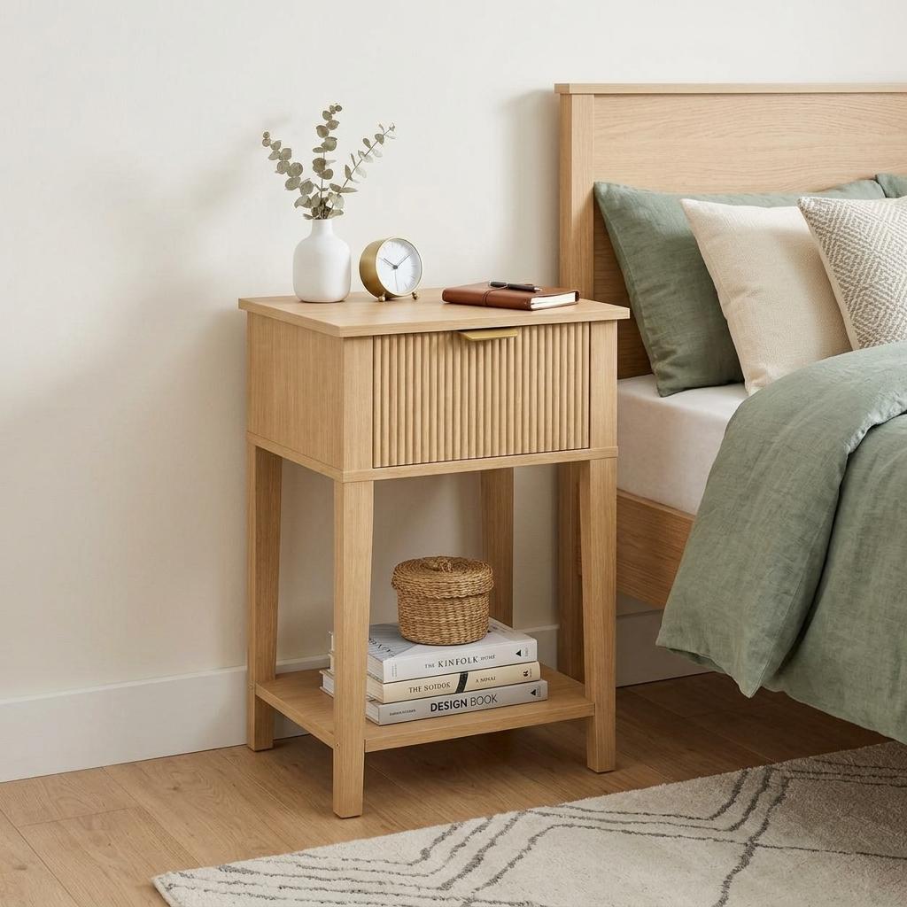 23" Oak Wood Ribbed Texture One Drawer Nightstand