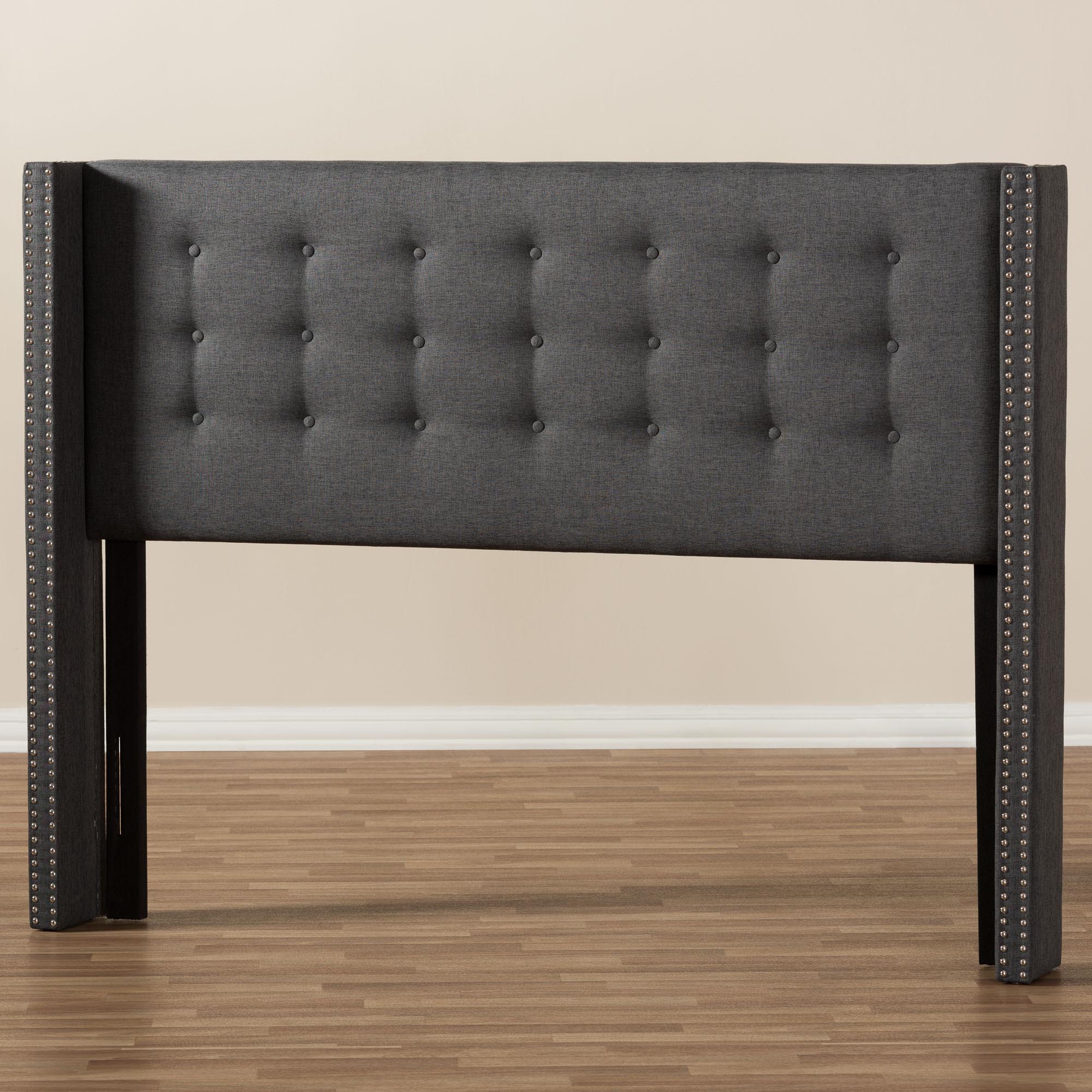 Baxton Studio Ginaro Modern And Contemporary Dark Grey Fabric Button-Tufted Nail head King Size Winged Headboard