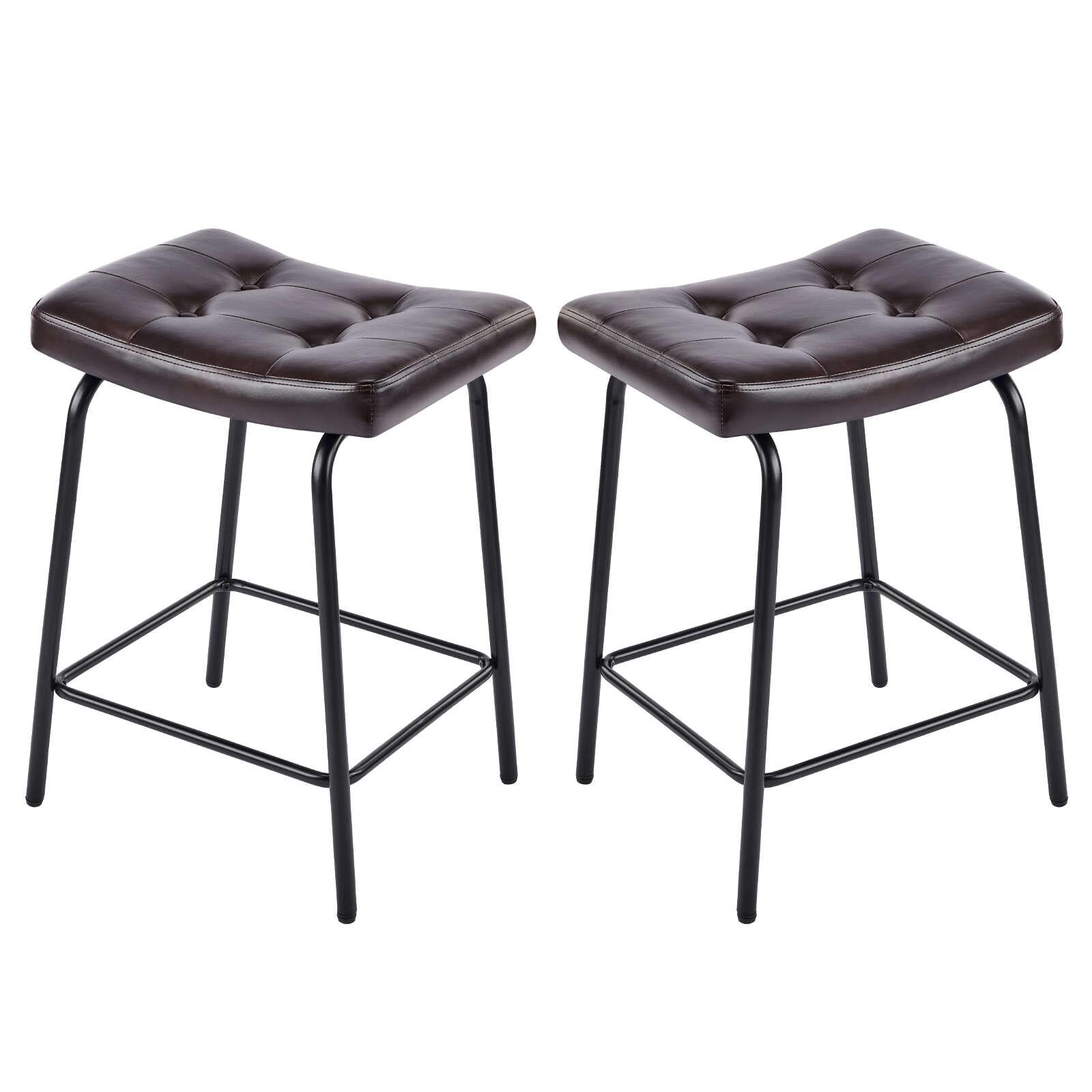 Set of Two 25" Black Faux Leather and Metal Counter Height Bar Chairs