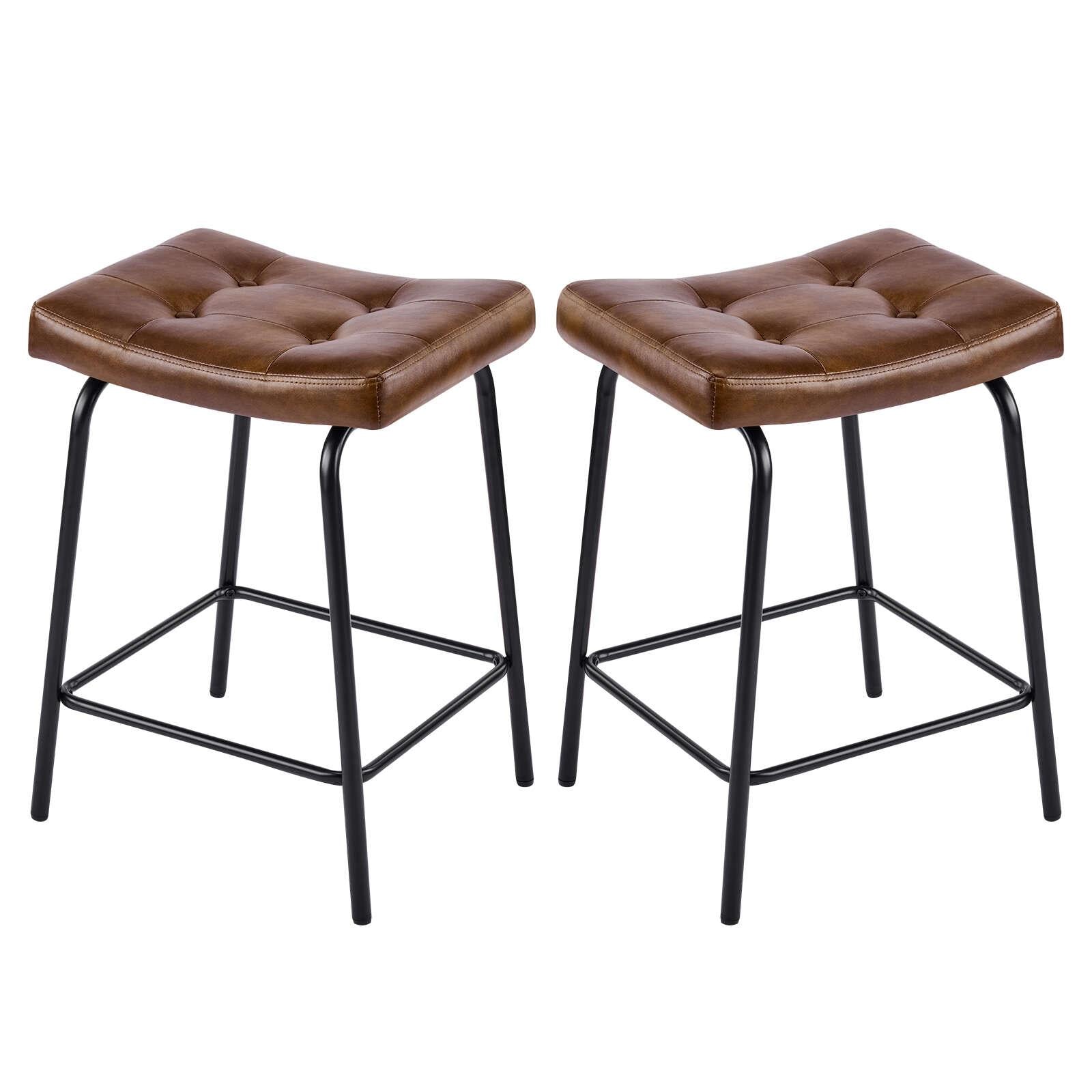 Set of Two 25" Brown and Black Faux Leather and Metal Counter Height Bar Chairs