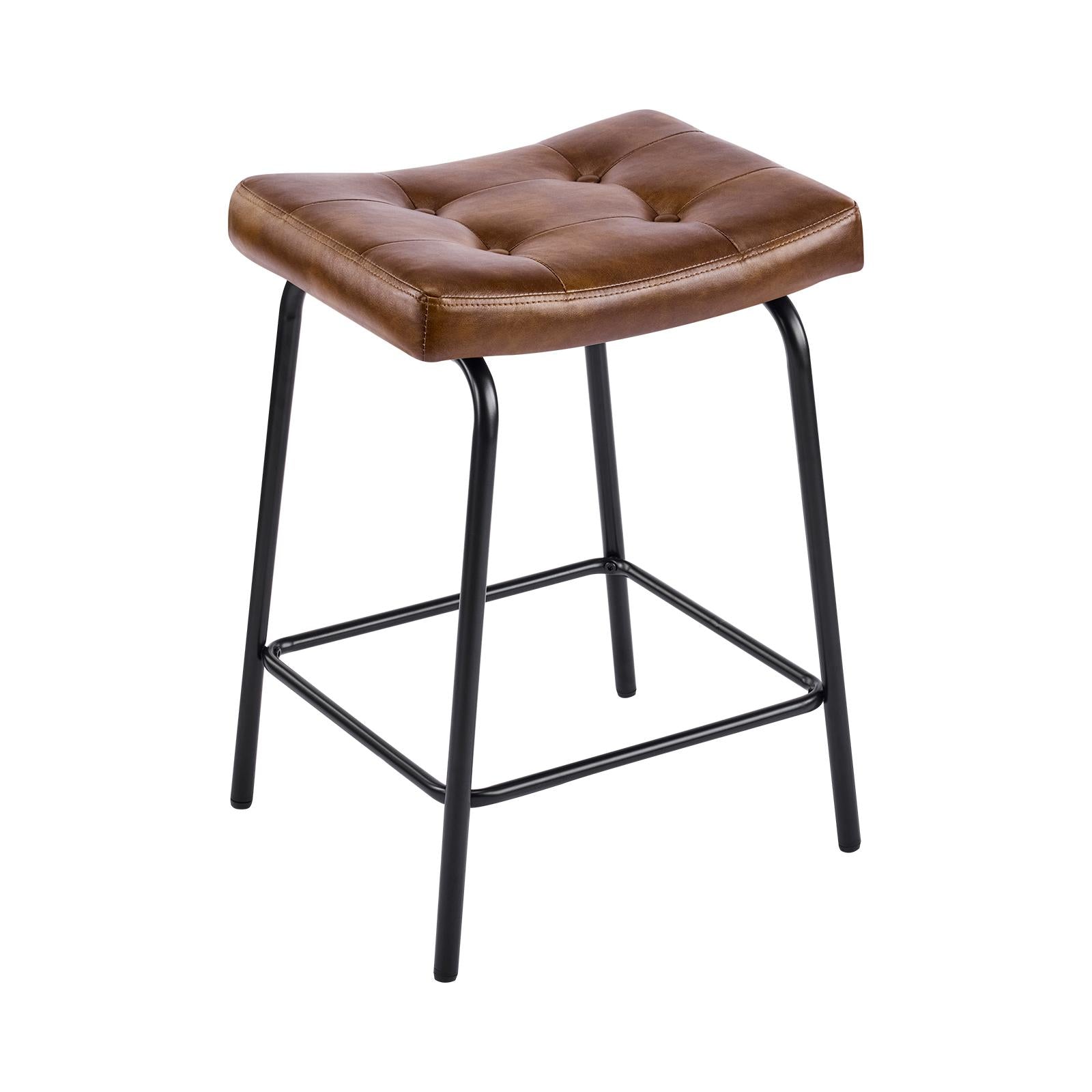 Set of Two 25" Brown and Black Faux Leather and Metal Counter Height Bar Chairs