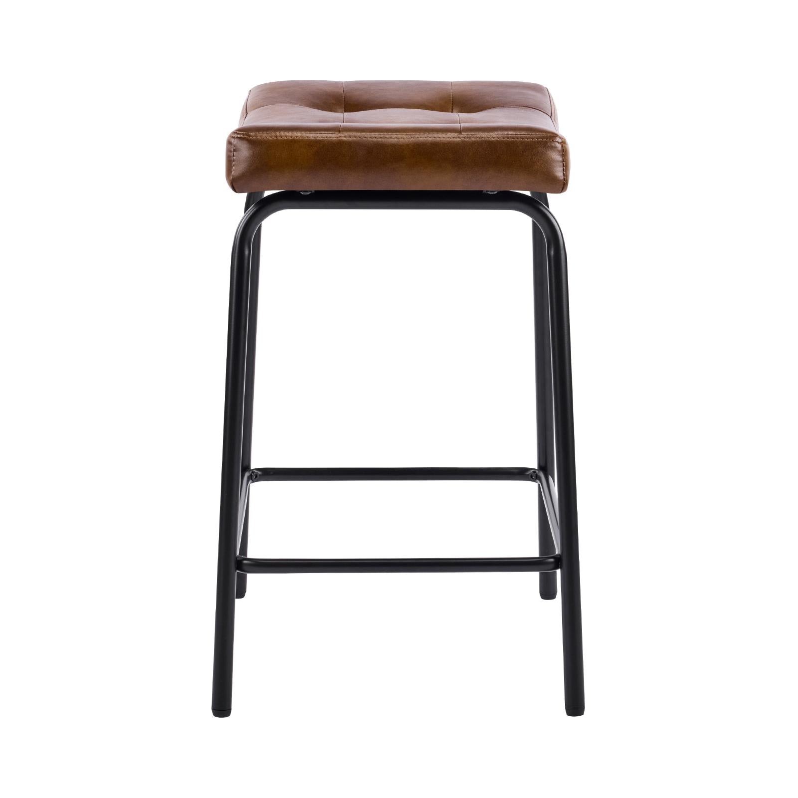 Set of Two 25" Brown and Black Faux Leather and Metal Counter Height Bar Chairs
