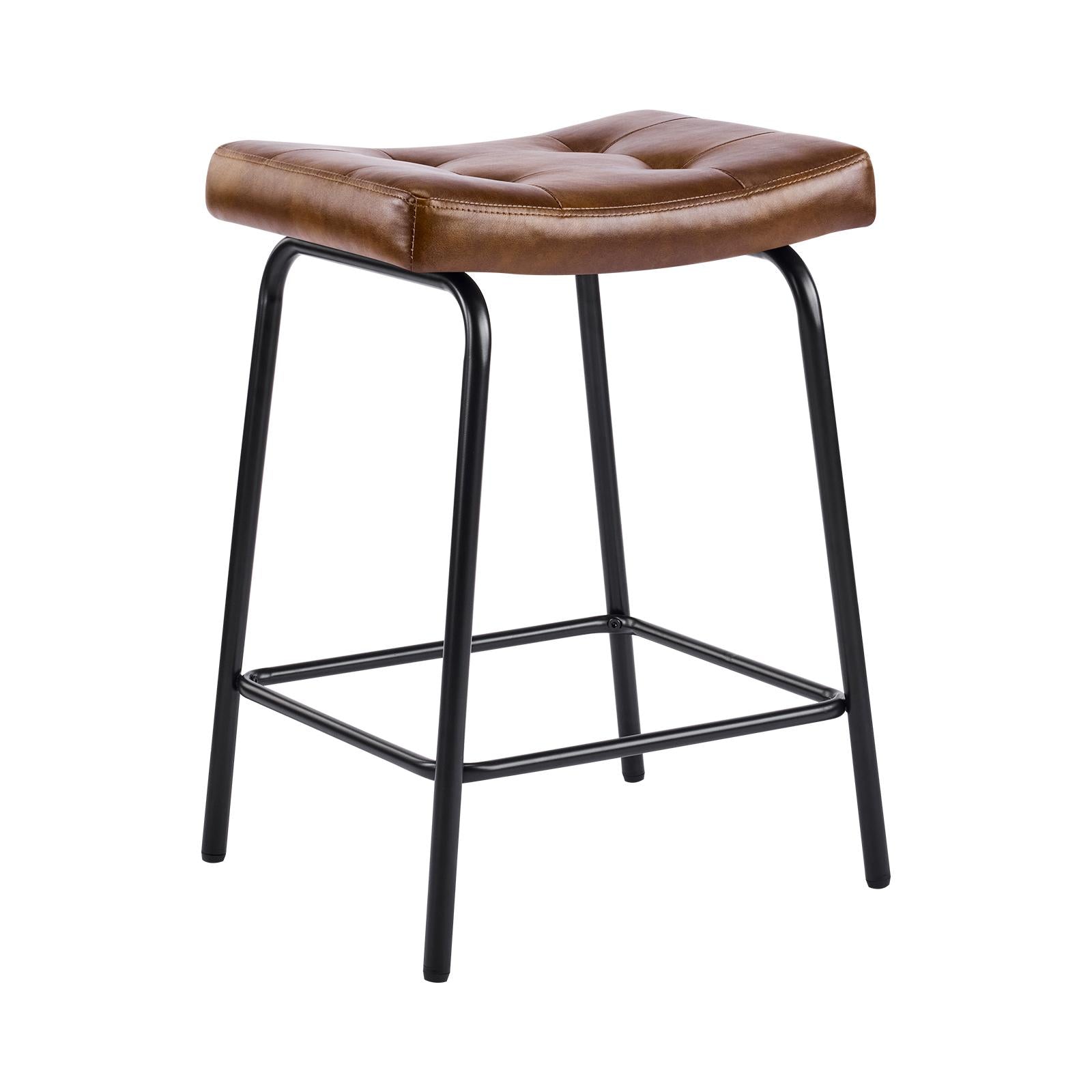 Set of Two 25" Brown and Black Faux Leather and Metal Counter Height Bar Chairs
