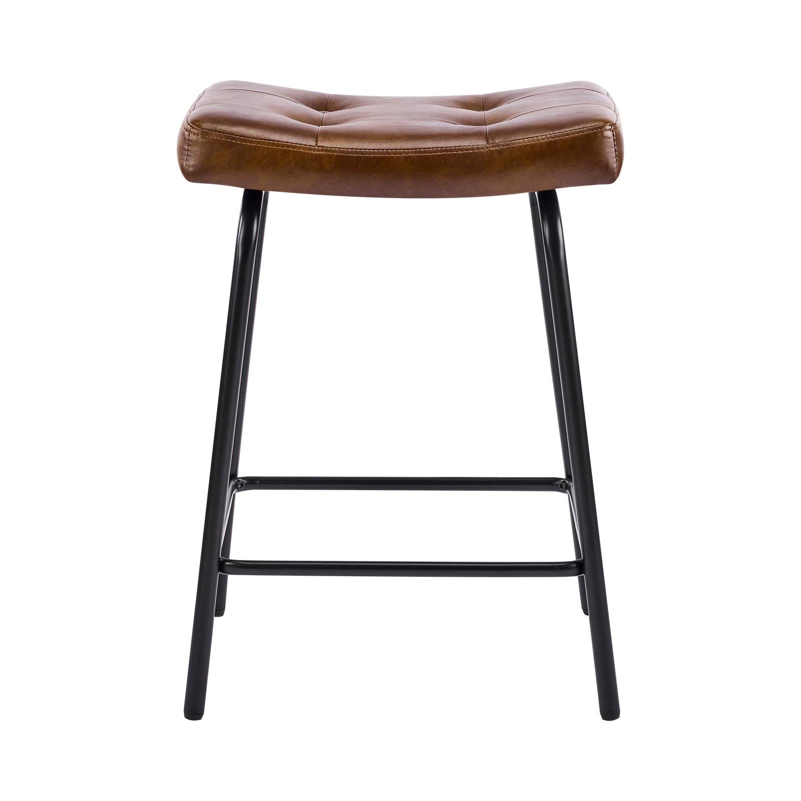 Set of Two 25" Brown and Black Faux Leather and Metal Counter Height Bar Chairs