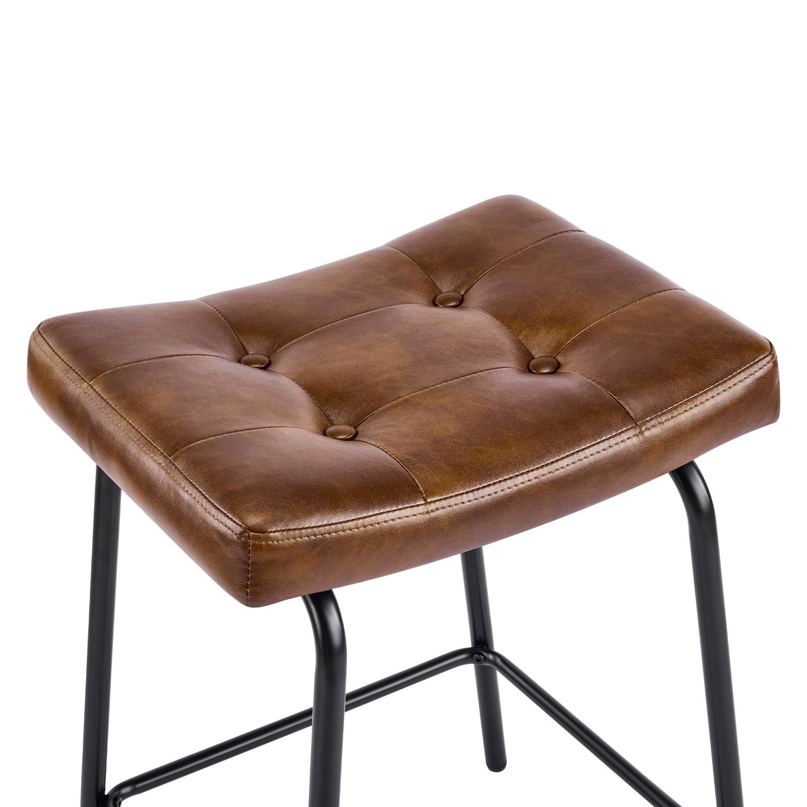 Set of Two 25" Brown and Black Faux Leather and Metal Counter Height Bar Chairs