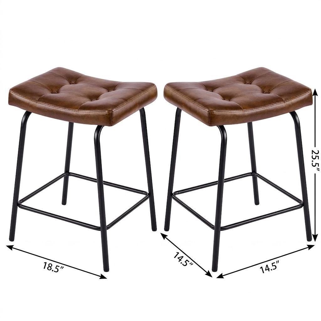 Set of Two 25" Brown and Black Faux Leather and Metal Counter Height Bar Chairs