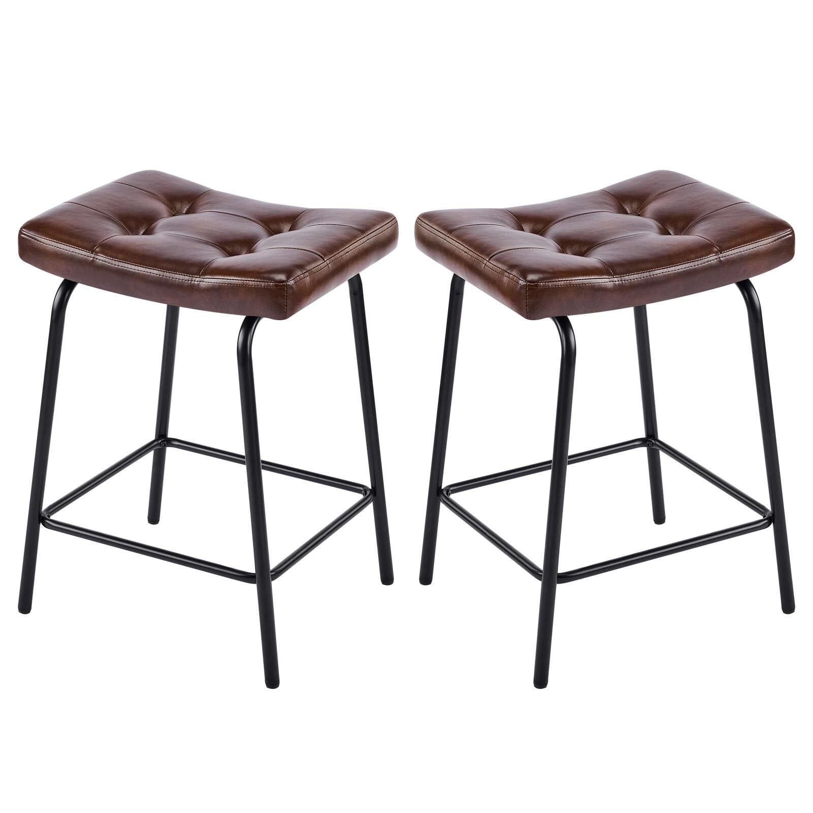 Set of Two 25" Dark Brown and Black Faux Leather and Metal Counter Height Bar Chairs