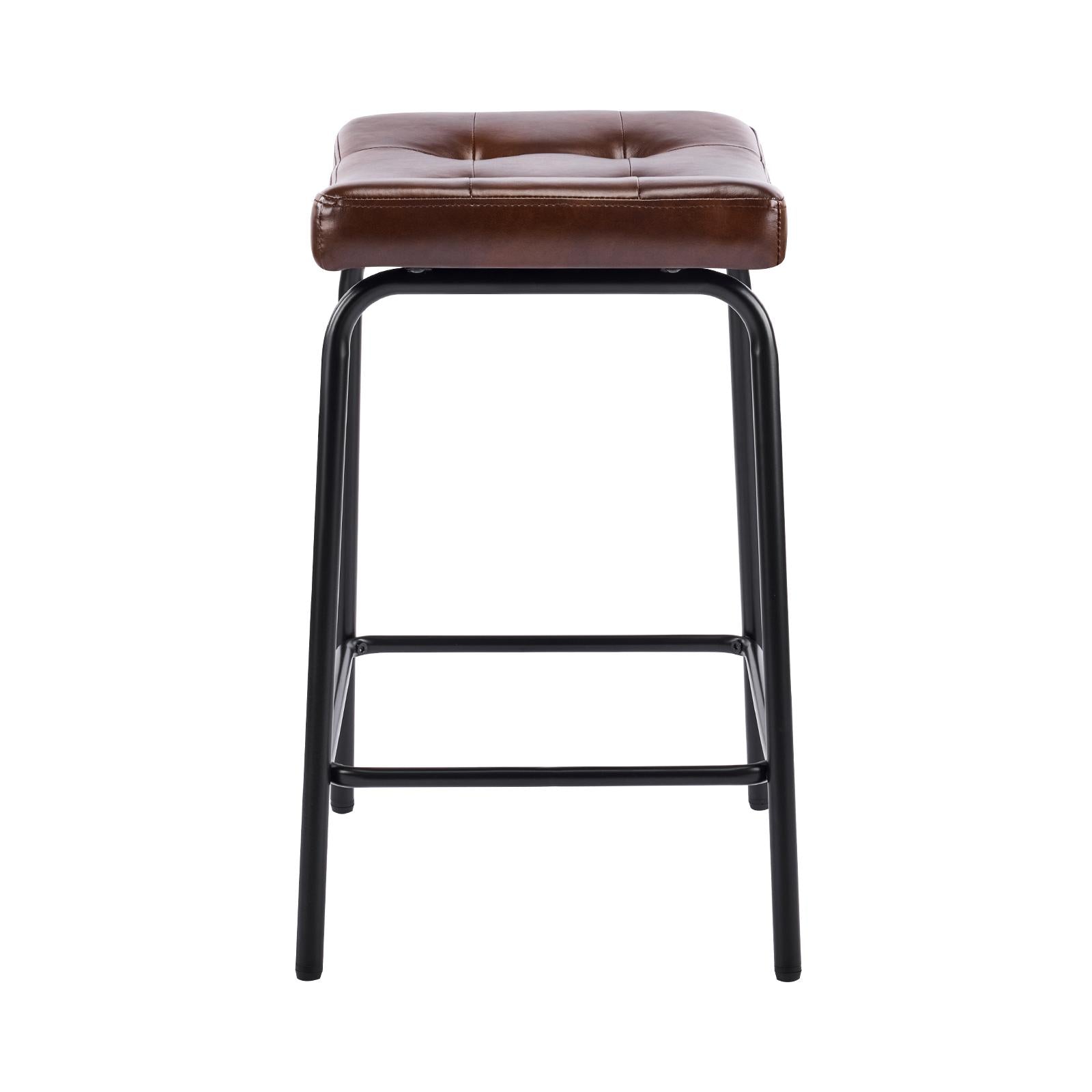 Set of Two 25" Dark Brown and Black Faux Leather and Metal Counter Height Bar Chairs